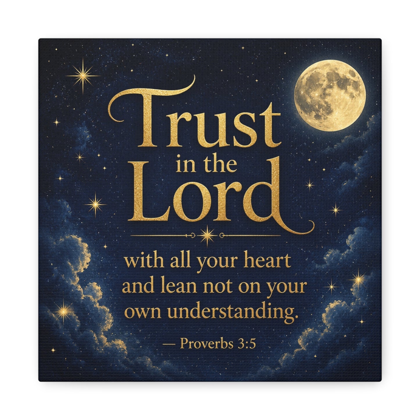 "Trust In The Lord" Bible Verse Canvas Wall Art - Moonlit Scripture Quote, Gold Typography, Christian Wall Decor - Traditional Night Sky Design - Bedroom Living Room Decoration - Ready to Hang
