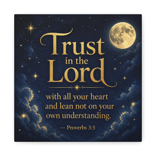 "Trust In The Lord" Bible Verse Canvas Wall Art - Moonlit Scripture Quote, Gold Typography, Christian Wall Decor - Traditional Night Sky Design - Bedroom Living Room Decoration - Ready to Hang