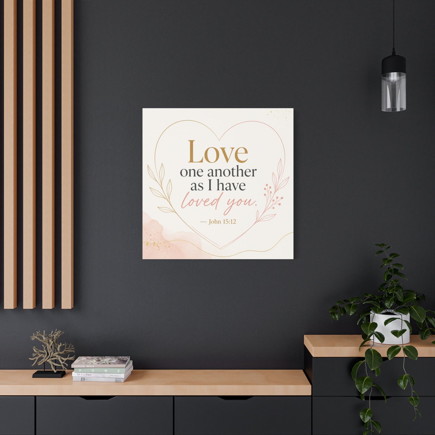 "Love One Another As I Have Loved You. John 15:12" Canvas Wall Art - Christian Scripture Quote, Heart Line Floral Design - Blush Gold Typography - Bedroom Living Room Decor - Living Room Wall Decor