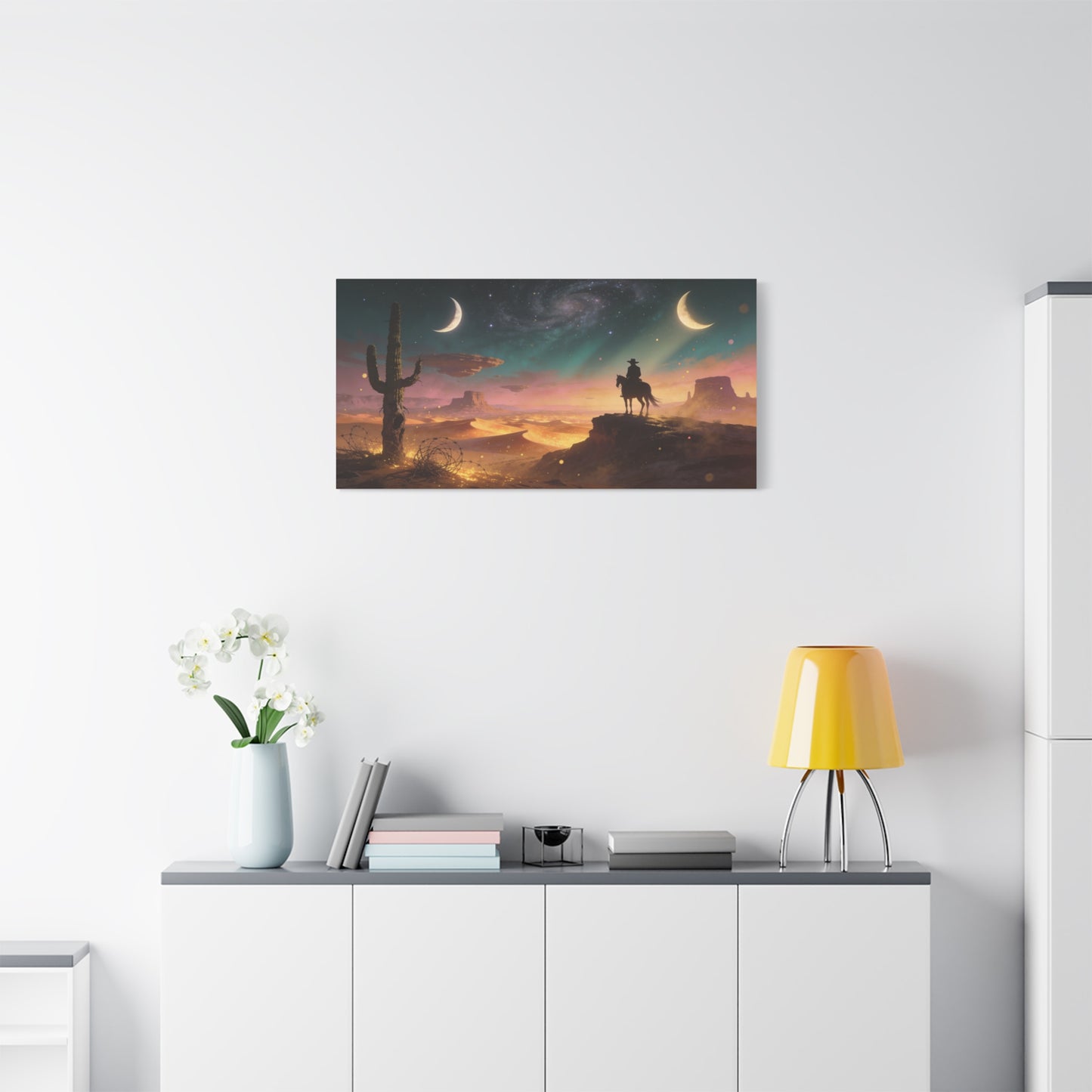 Surreal Desert Cowboy Canvas Wall Art - Crescent Moons, Galaxy Sky, Saguaro Silhouette - Matte Cotton Art Print - Contemporary Western Style, Living Room Wall Decor, Office Accent - Ready to Hang