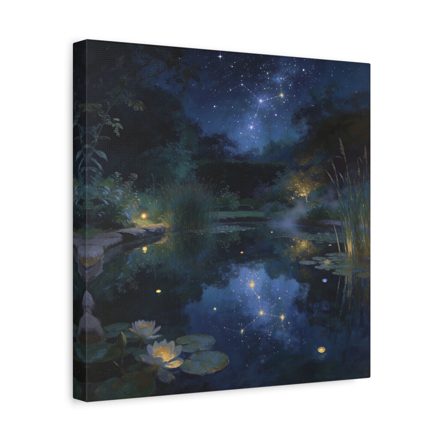 Starry Night Pond Canvas Wall Art - Moonlit Water Lilies, Celestial Reflection Landscape - Dreamy Matte Canvas Print - Traditional Nightscape Style - Living Room Wall Decor Bedroom Home Accent