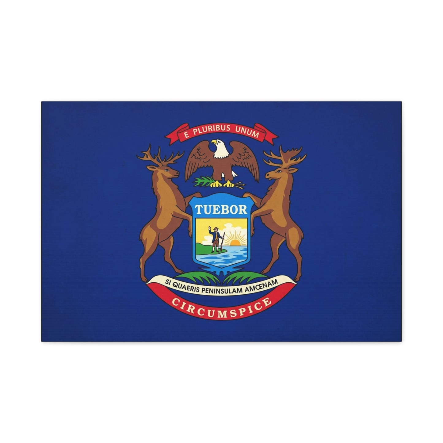 "E Pluribus Unum" Michigan State Flag Canvas Wall Art - Blue Crest With Elk Eagle And "Tuebor" - Vintage Heraldic Decor, Living Room Wall Decor, Office Art - Bedroom Home Decoration - Ready to Hang