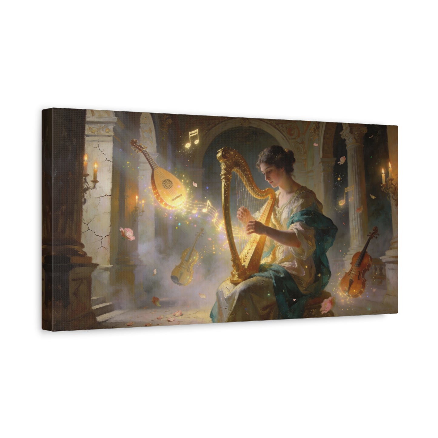 Woman Playing Harp Canvas Wall Art - Romantic Music Painting, Glowing Notes, Violin And Lute - Matte Cotton Print - Traditional Style, Living Room Wall Decor, Bedroom Accent - Bedroom Home Decoration
