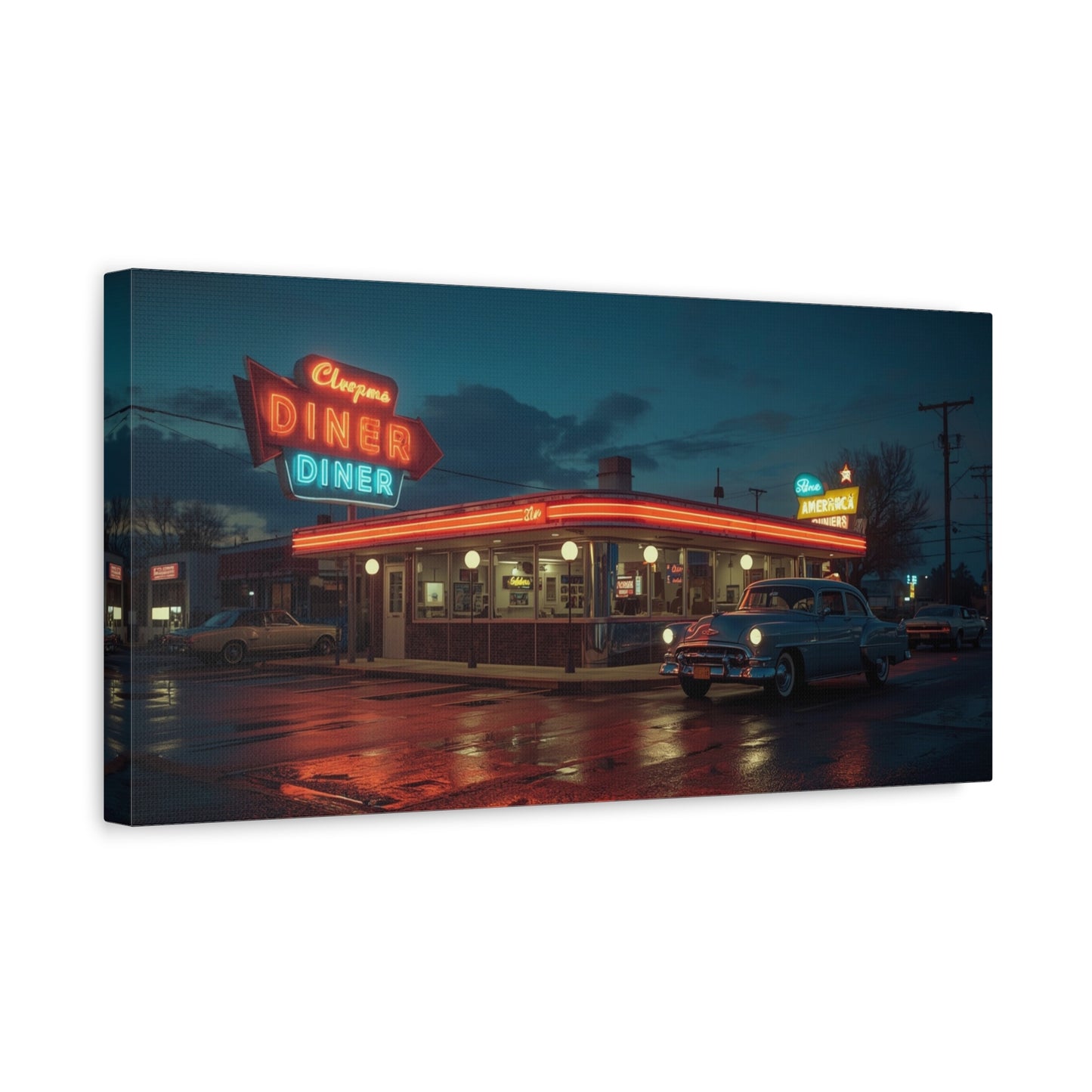 Neon Diner Canvas Wall Art - Retro American Diner Night Scene, Vintage Car Art Print - Moody Blue Glow, Contemporary Style - Living Room Wall Decor, Office Art - Bedroom Home Decoration
