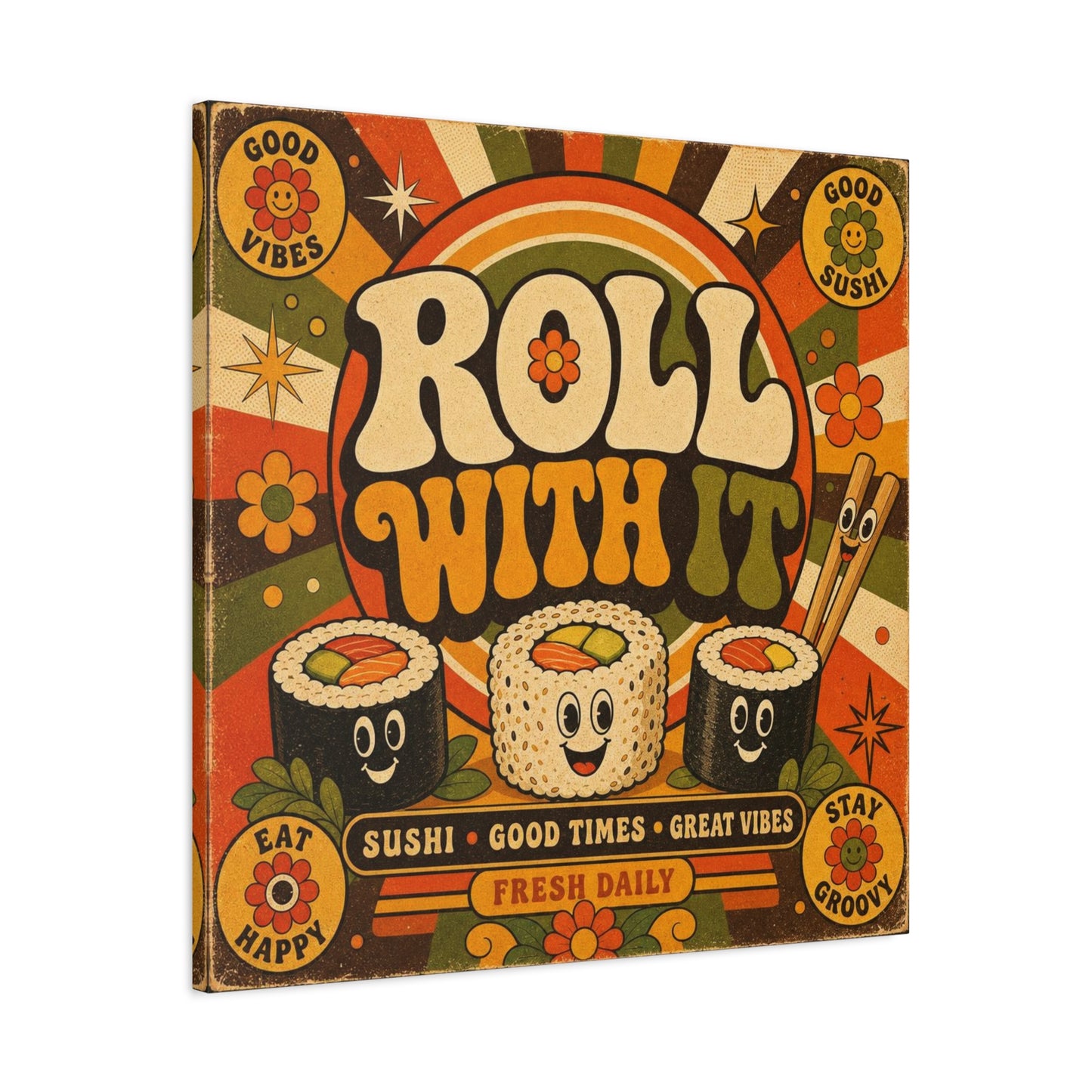 "Roll With It" Sushi Canvas Wall Art - Retro Typography Food Illustration, Groovy Orange Green Bohemian Print, Cafe Wall Decor, Kitchen Room Decoration, Vintage Poster Style - Bedroom Home Decoration