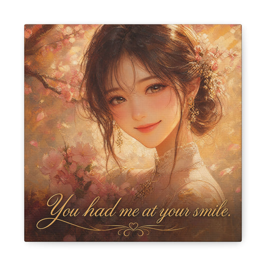 You Had Me At Your Smile Portrait Canvas Wall Art - Romantic Floral Woman Quote Print - Golden Blush Illustration - Traditional Style Living Room Decor - Ready to Hang - Living Room Wall Decor