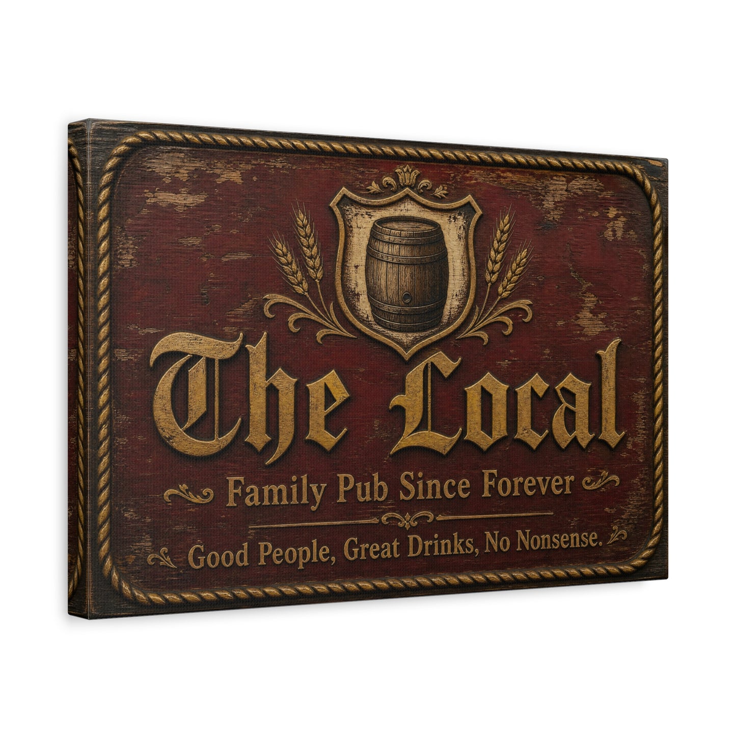 "The Local" Vintage Pub Canvas Wall Art - Rustic Tavern Sign, Barrel Crest Typography - Distressed Wood Look, Traditional Style - Bar Room Decor, Man Cave Accent, Restaurant Wall Hanging