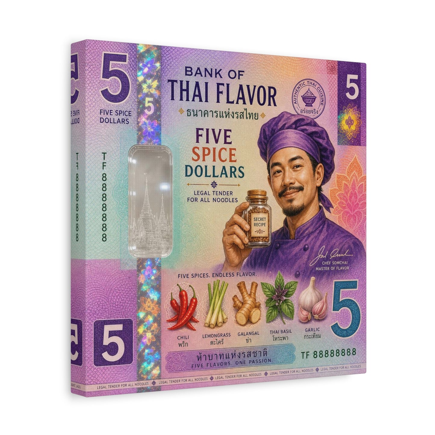 "Bank Of Thai Flavor" Thai Chef Canvas Wall Art - Five Spice Dollars Food Illustration, Colorful Typography Print, Eclectic Kitchen Decor, Cafe Wall Decor, Restaurant Wall Accent - Ready to Hang