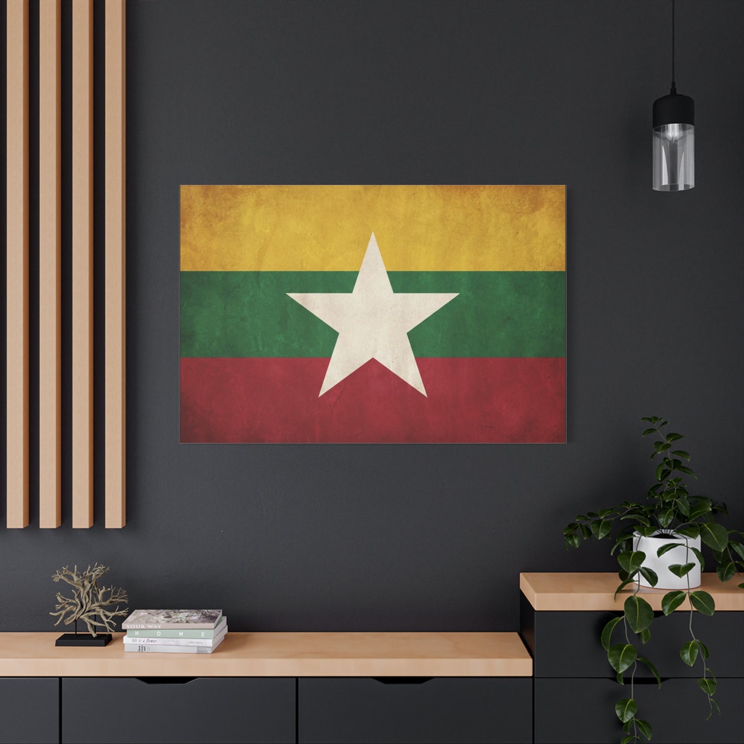 Myanmar Flag Canvas Wall Art - Vintage Burma Star Print, Patriotic Country Pride Decor - Distressed Tricolor Artwork - Living Room Wall Decor, Office Accent - Bedroom Home Decoration - Ready to Hang