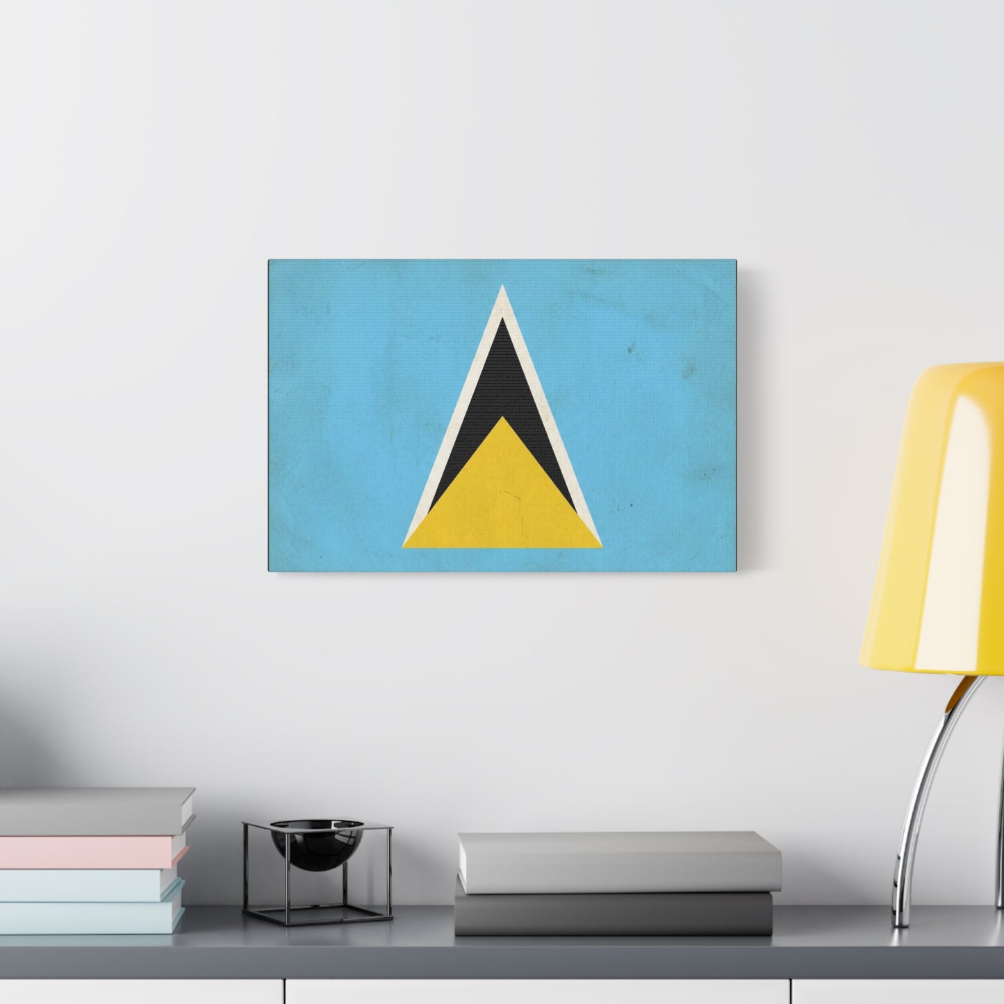Saint Lucia Flag Canvas Wall Art - Blue Yellow Black Triangle Design, Minimalist Geometric Print - Modern Caribbean Decor - Living Room Wall Decor, Office Art Accent - Bedroom Home Decoration