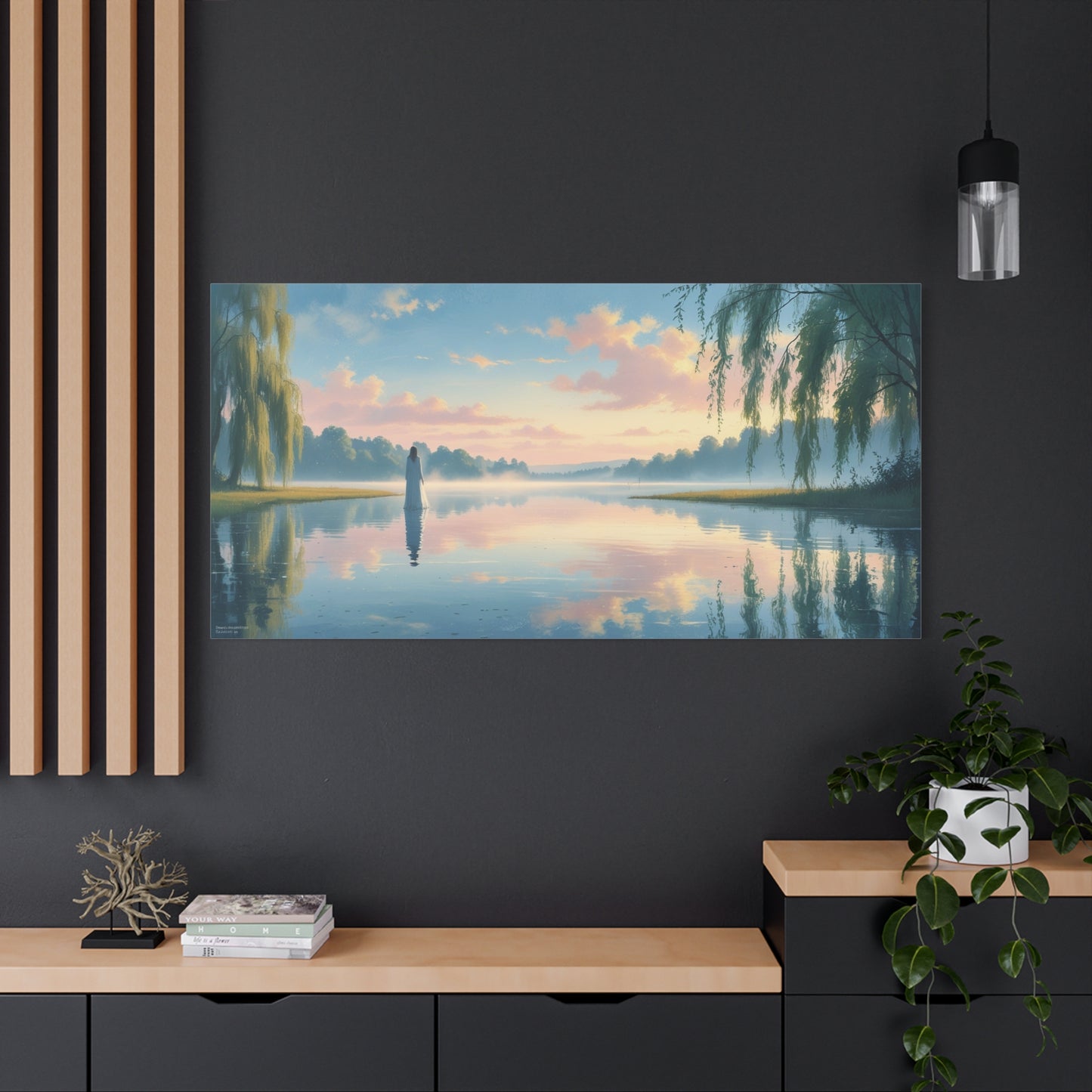 Woman In White By Misty Lake Canvas Wall Art - Pastel Sunrise Waterscape, Willow Trees Reflection - Matte Cotton Print - Contemporary Landscape Decor For Living Room Bedroom Office - Office Wall Art