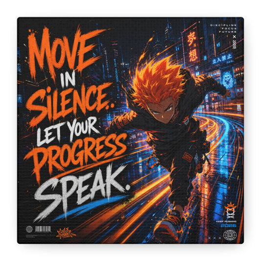 "Move In Silence Let Your Progress Speak" Anime Canvas Wall Art - Cyberpunk Runner Motivational Quote Print, Neon City Street Illustration - Teen Bedroom Decor, Home Office Accent - Office Wall Art