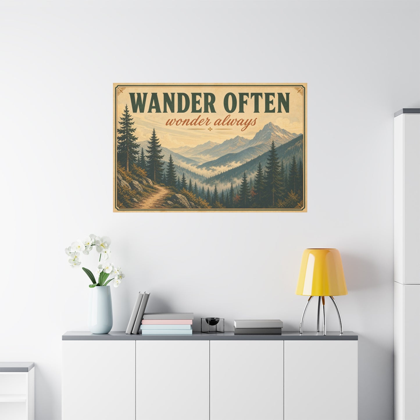 "Wander Often Wonder Always" Mountain Canvas Wall Art - Vintage Forest Landscape Quote Decor, Rustic Matte Print, Cabin Style Living Room Wall Decor, Bedroom Home Decoration - Bedroom Home Decoration