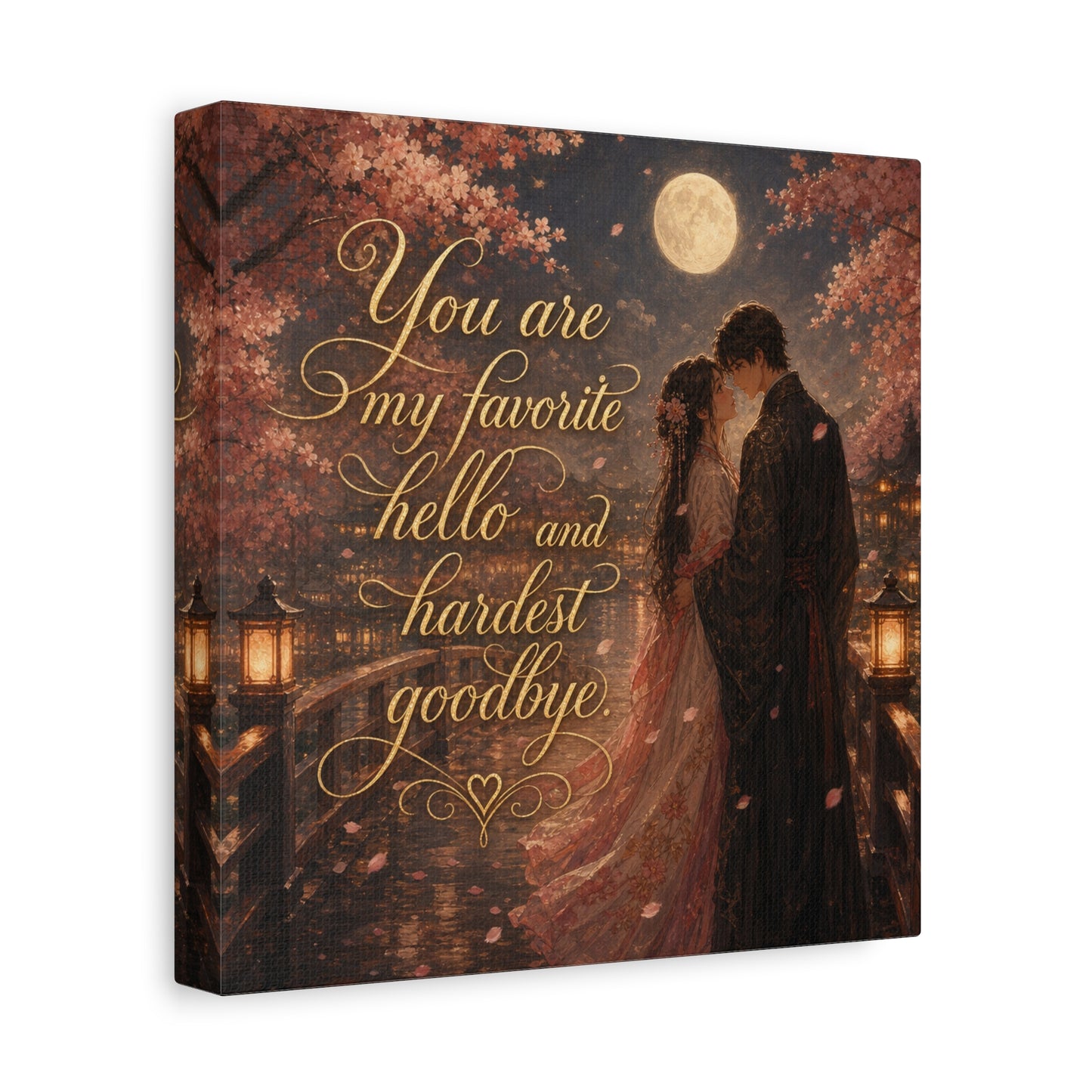 "You Are My Favorite Hello And Hardest Goodbye" Romantic Canvas Wall Art - Moonlit Cherry Blossom Couple, Gold Script Quote Print - Traditional Love Decor, Bedroom Wall Hanging - Cozy Reading Nook Art