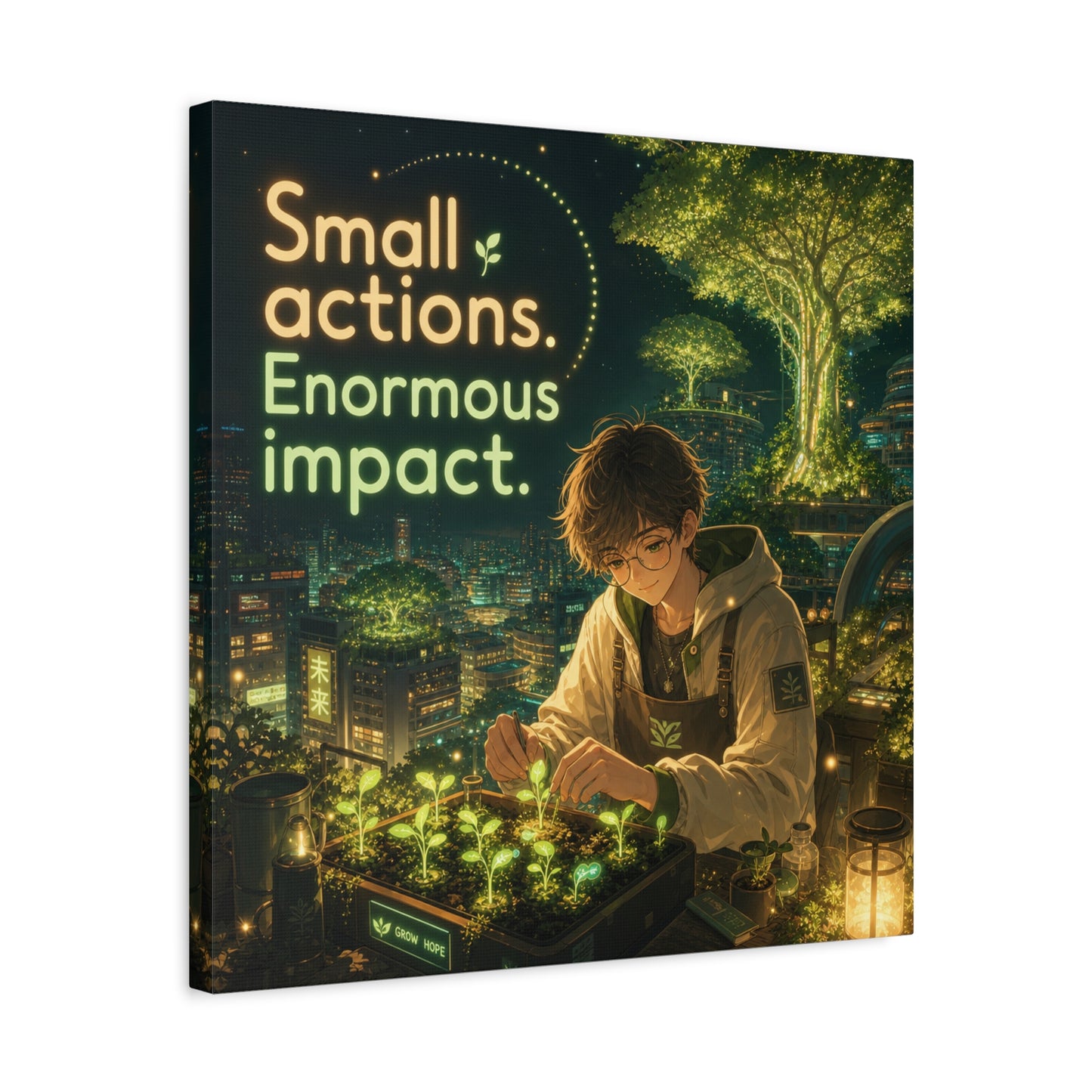 "Small Actions. Enormous Impact." Inspirational Canvas Wall Art - Anime Boy Gardening Cityscape - Glowing Green Night Illustration - Bedroom Home Decoration, Home Office Decor - Living Room Wall Decor
