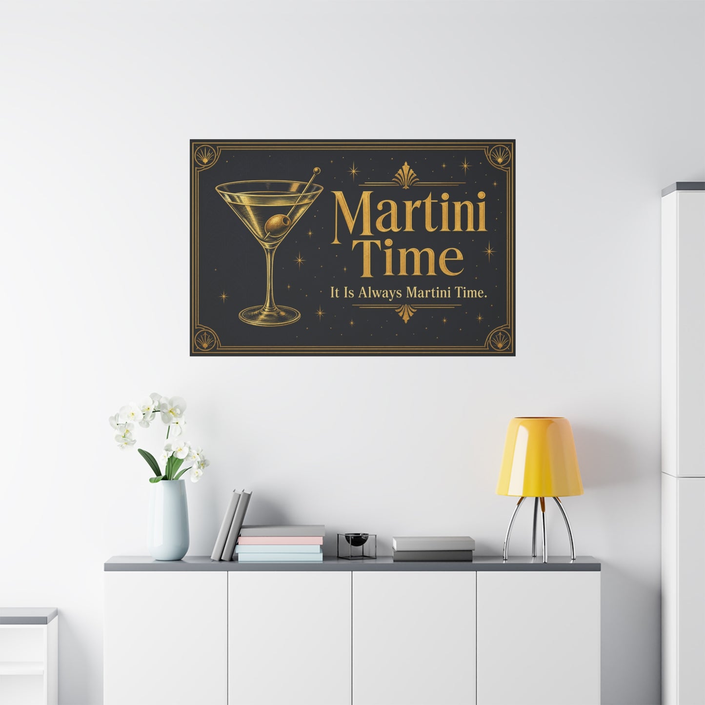 "Martini Time" Cocktail Canvas Wall Art - Art Deco Martini Glass Quote Print, Black And Gold Bar Cart Decor, Vintage Lounge Style - Ready to Hang - Ready to Hang - Tavern Wall Decor - HP Latex Print
