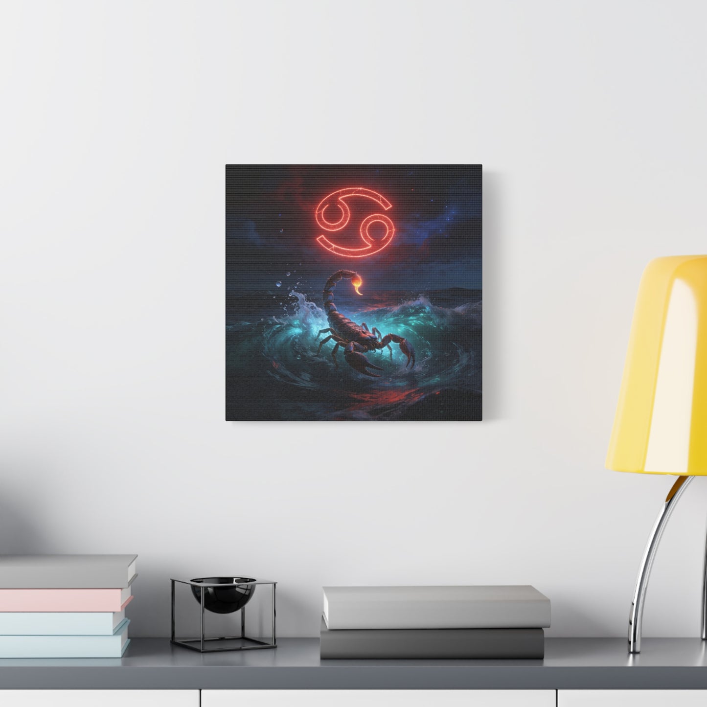 Cancer Zodiac Canvas Wall Art - Neon Crab Ocean Astrology Print, Celestial Night Seascape, Matte Canvas Decor, Bedroom Home Decoration, Living Room Wall Decor, Modern Space Style - Ready to Hang