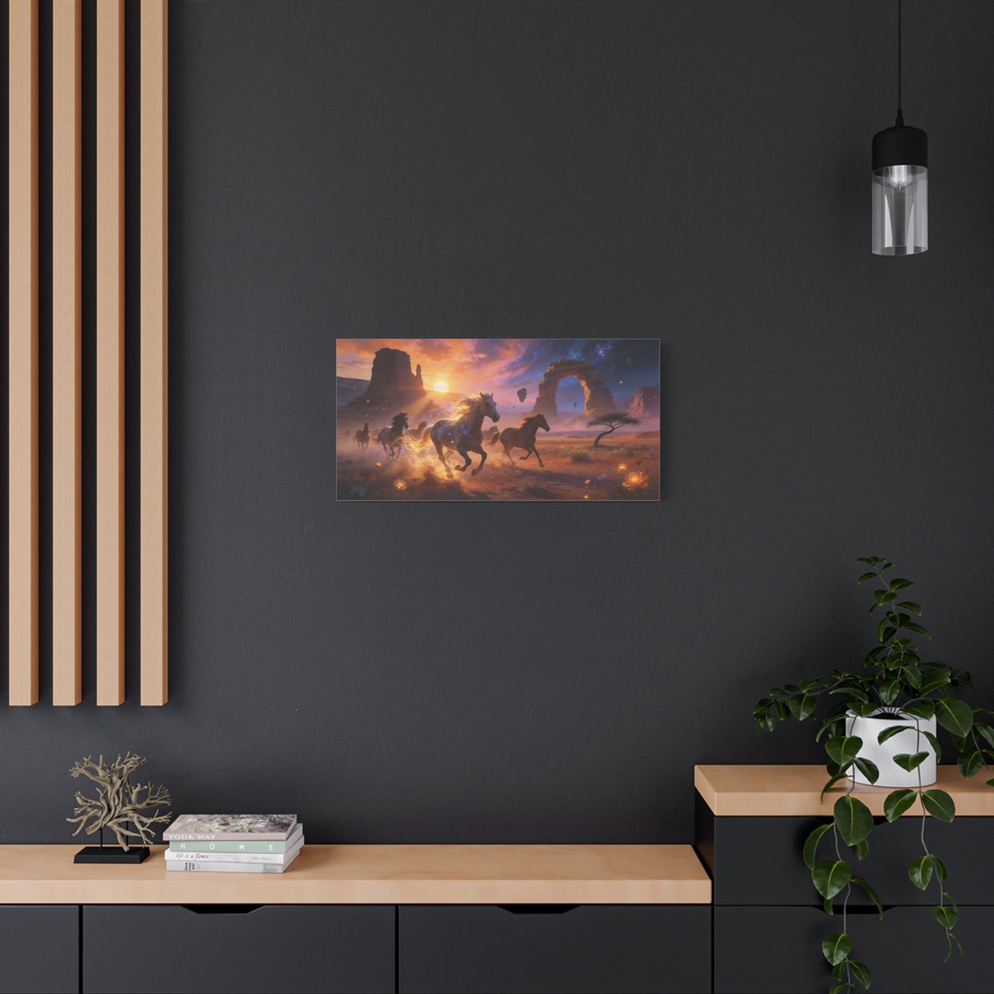 Celestial Wild Horses Canvas Wall Art - Fantasy Desert Arch Sunset, Glowing Galaxy Sky - Matte Cotton Print - Contemporary Landscape Style - Living Room Wall Decor - Bedroom Home Decoration