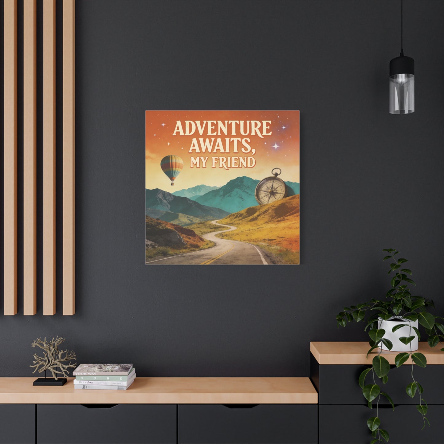 "Adventure Awaits, My Friend" Inspirational Canvas Art Print - Mountain Road, Hot Air Balloon, Compass - Vintage Travel Style, Office Decor, Workspace Accent, Lobby Display, Motivational Art