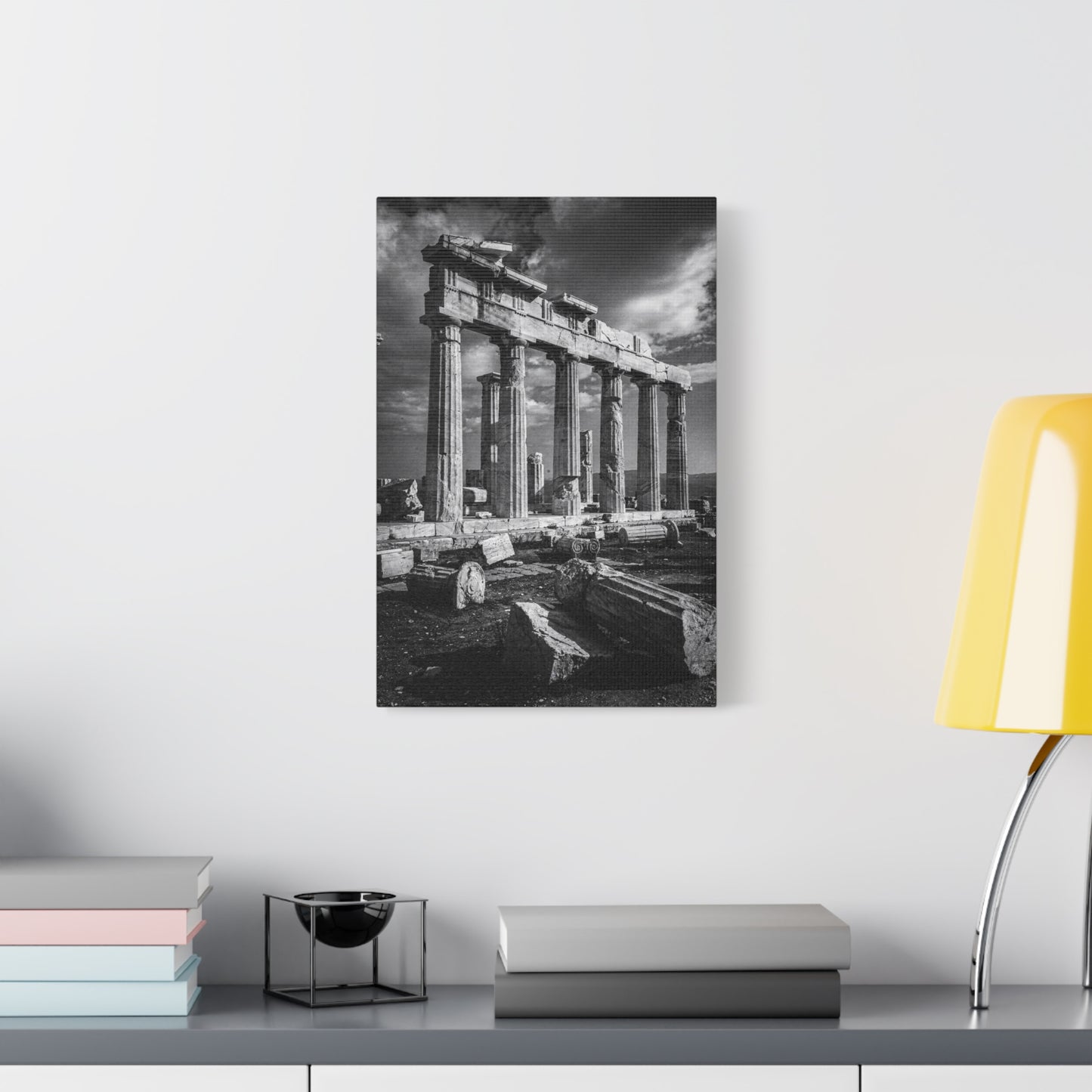 Ancient Greek Temple Ruins Canvas Wall Art - Black And White Architectural Art Print, Dramatic Sky, Vintage Classical Style - Living Room Wall Decor, Office Art Accent - Modern Farmhouse Style