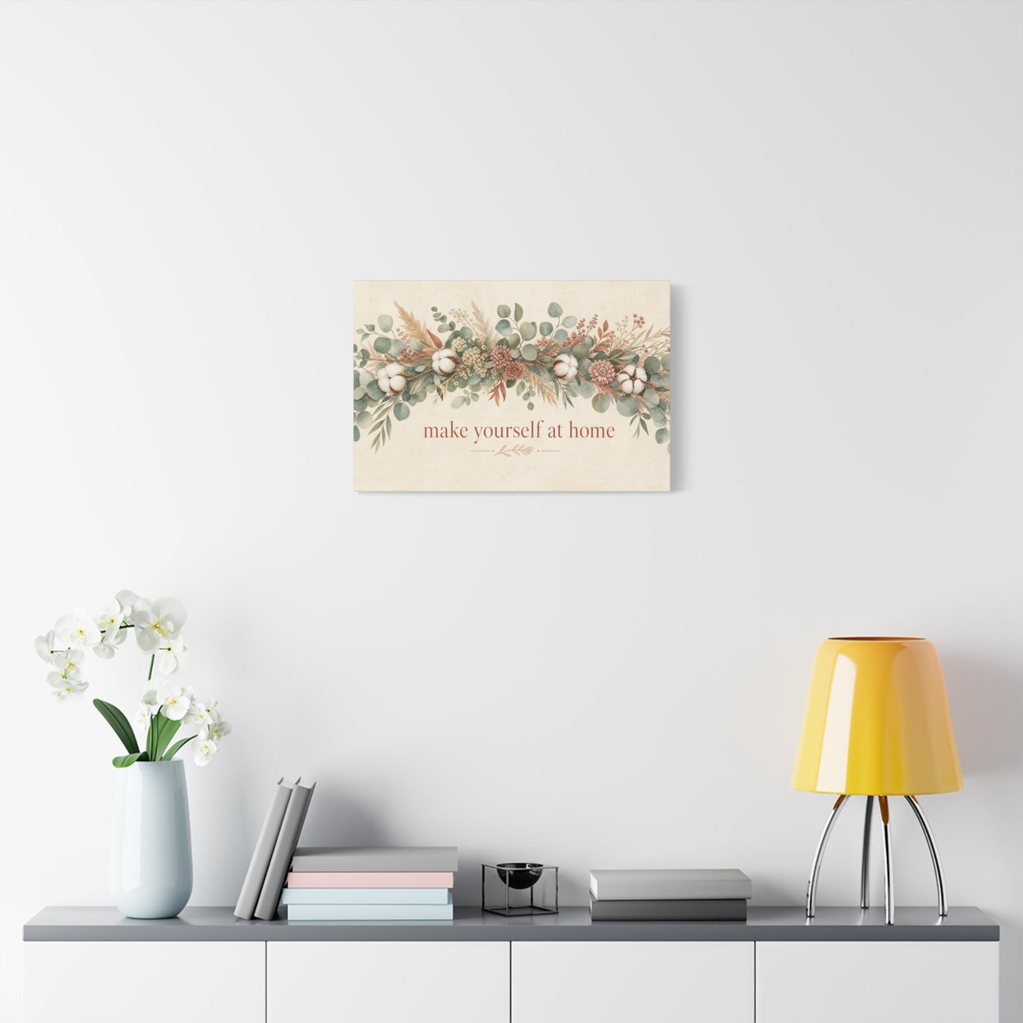 "Make Yourself At Home" Botanical Canvas Wall Art - Eucalyptus Cotton Stem Floral Quote Print - Rustic Farmhouse Style - Living Room Wall Decor - Modern Farmhouse Style - Bedroom Home Decoration