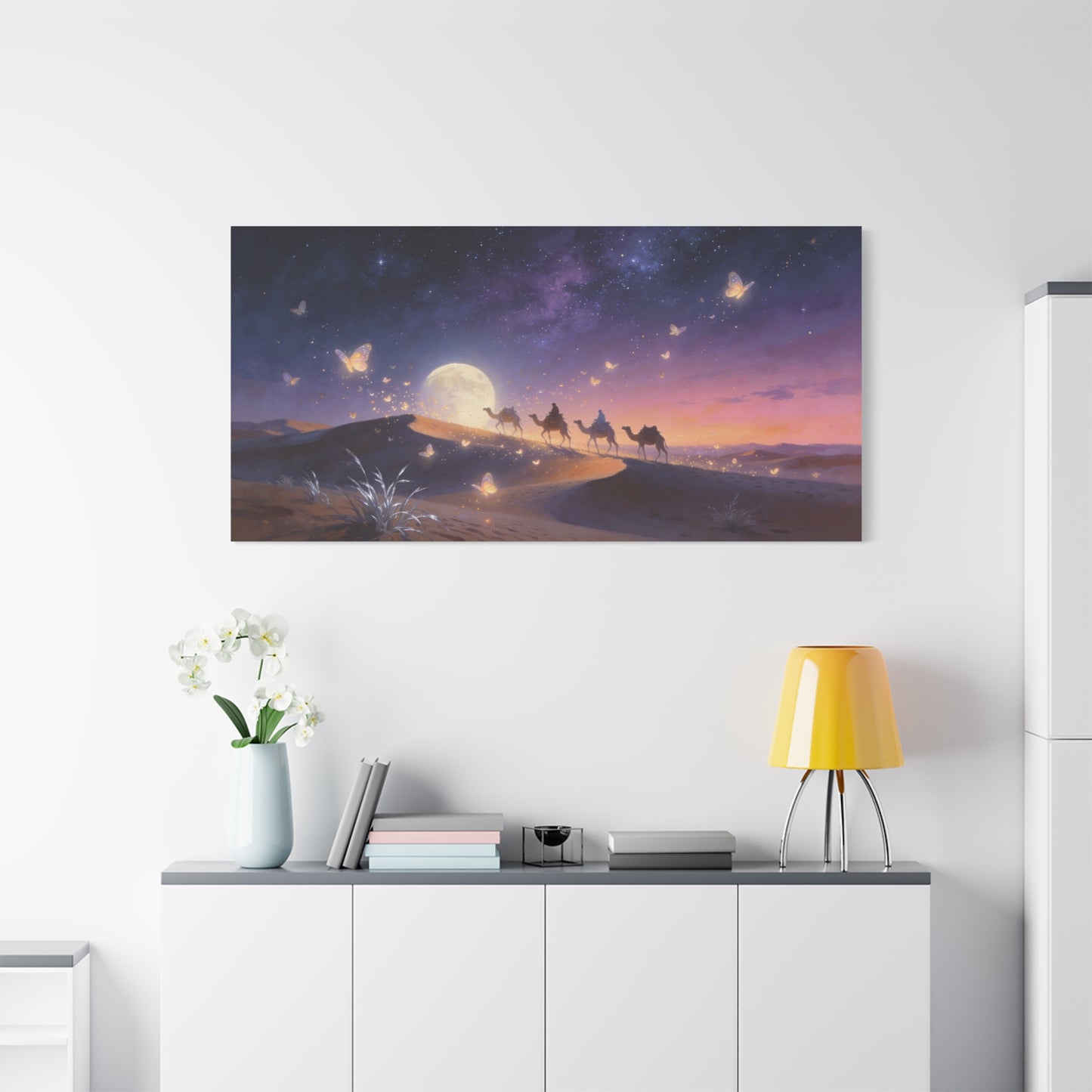 Moonlit Desert Camel Caravan Canvas Wall Art - Starry Night Butterflies, Dreamy Landscape Print - Ethereal Contemporary Style - Living Room Wall Decor, Bedroom Home Decoration - Modern Farmhouse Style
