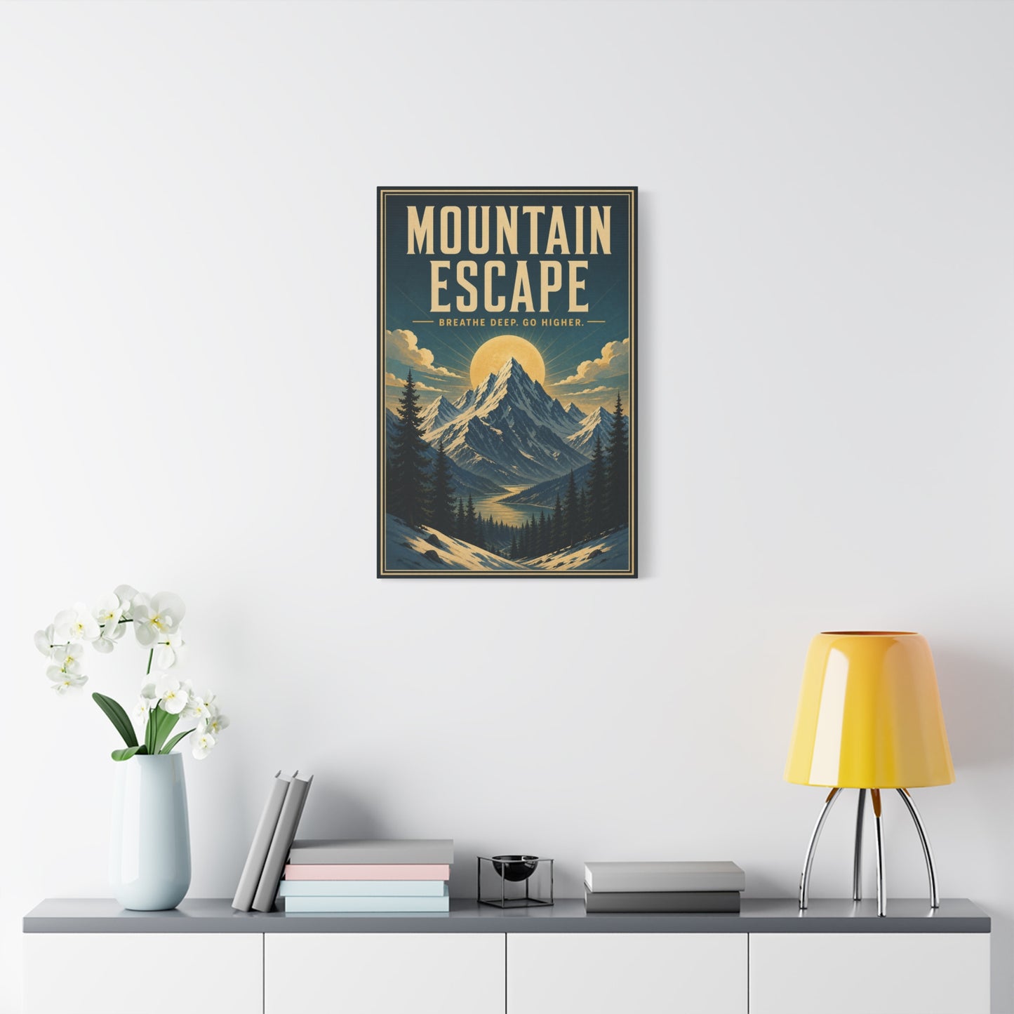 "Mountain Escape Breathe Deep. Go Higher." Canvas Wall Art - Vintage Mountain Landscape Poster Print, Sunlit Alpine Peaks, Rustic Lodge Style, Living Room Wall Decor, Office Art - Ready to Hang