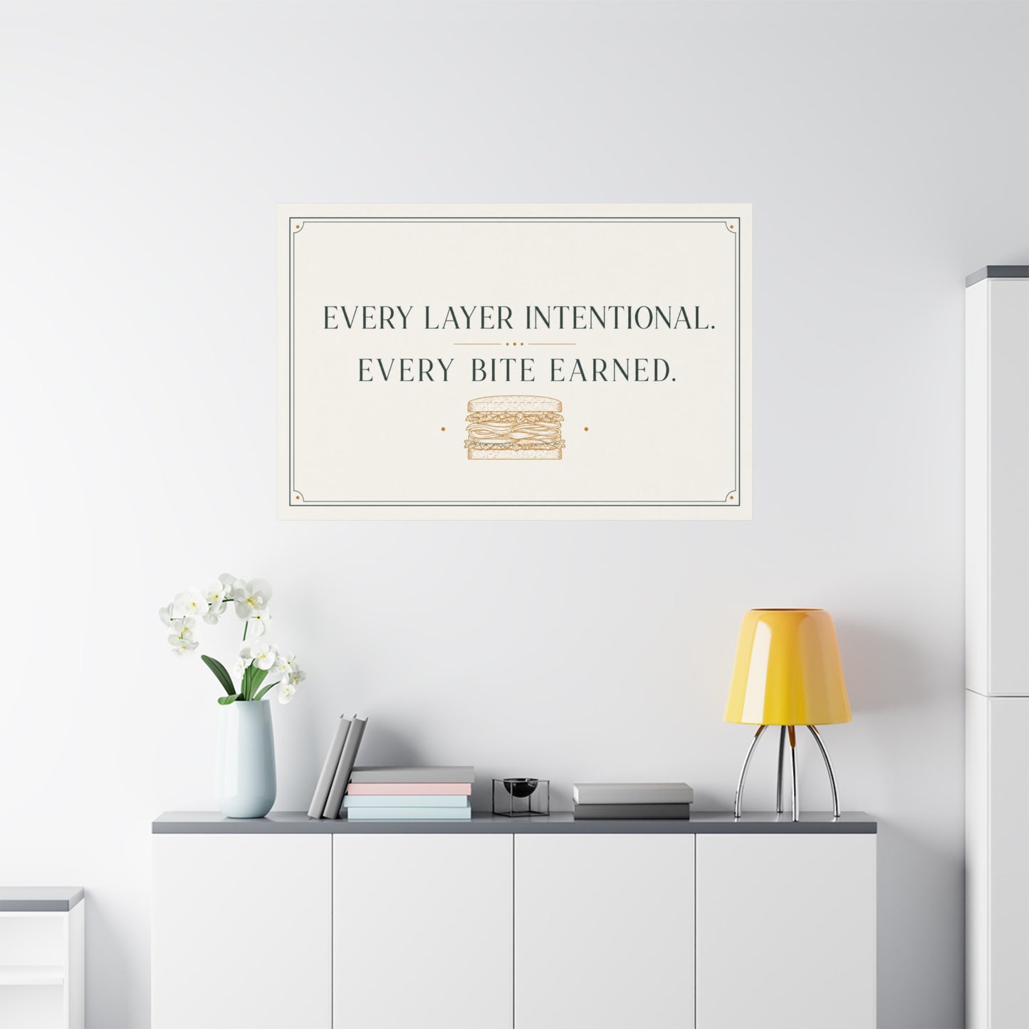 "Every Layer Intentional. Every Bite Earned." Sandwich Canvas Wall Art - Typography Decor, Minimalist Food Quote Print, Modern Decoration - Ready to Hang - Deli Wall Decor - Sandwich Shop Sign