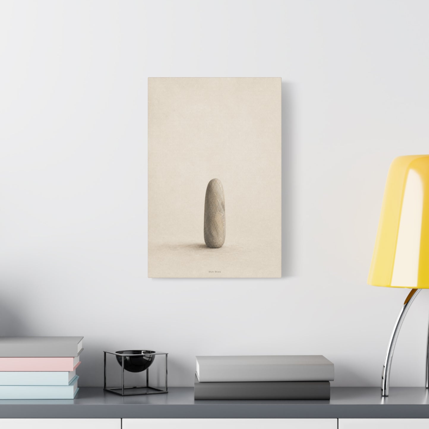 "Slow Down" Minimalist Stone Canvas Wall Art - Neutral Zen Still Life Decor - Contemporary Beige Meditation Print - Bedroom Living Room Decoration - Living Room Wall Decor - Bedroom Home Decoration