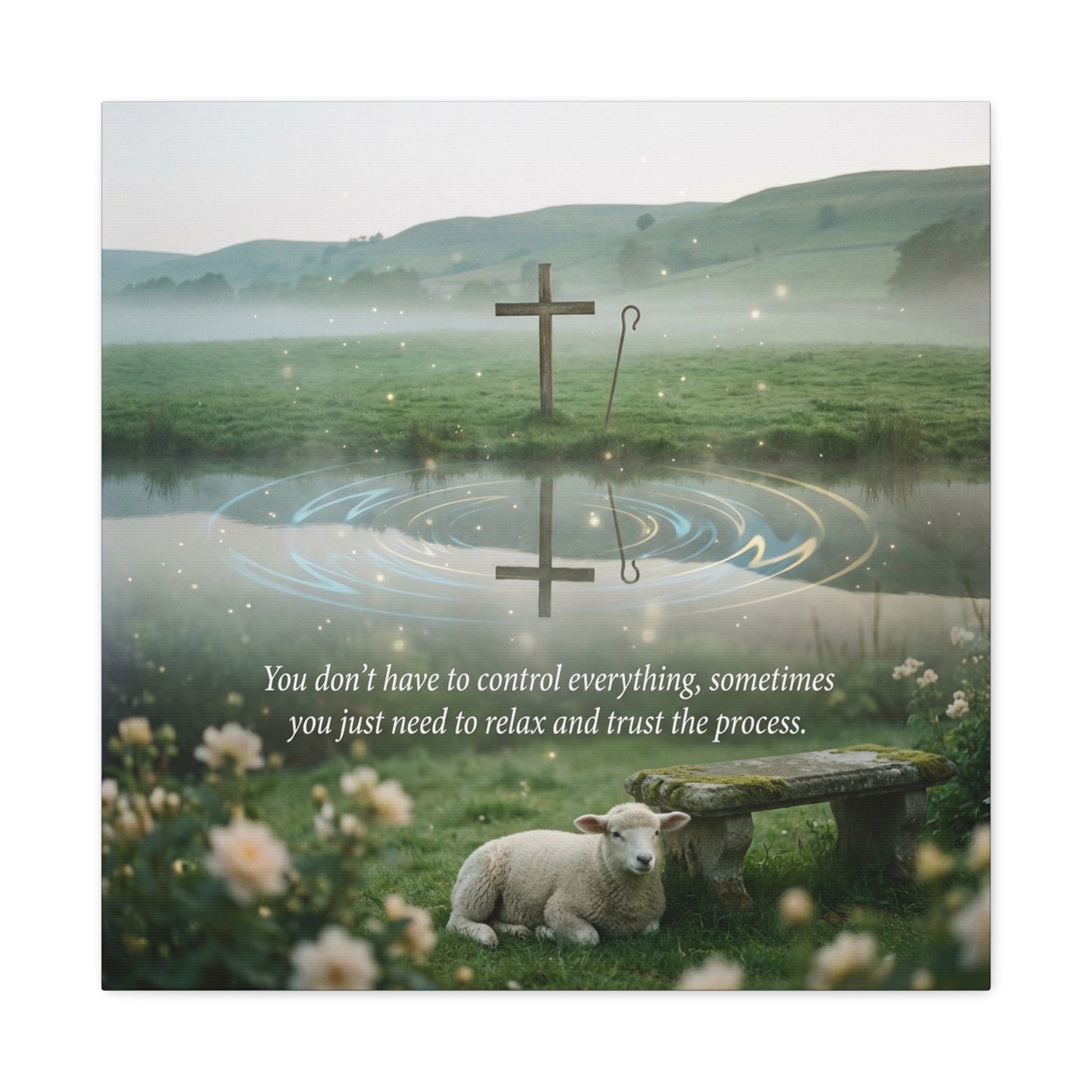"You Don’t Have To Control Everything, Sometimes You Just Need To Relax And Trust The Process" Canvas Wall Art - Christian Cross, Lamb Meadow Scene - Inspirational Farmhouse Decor - Office Wall Art