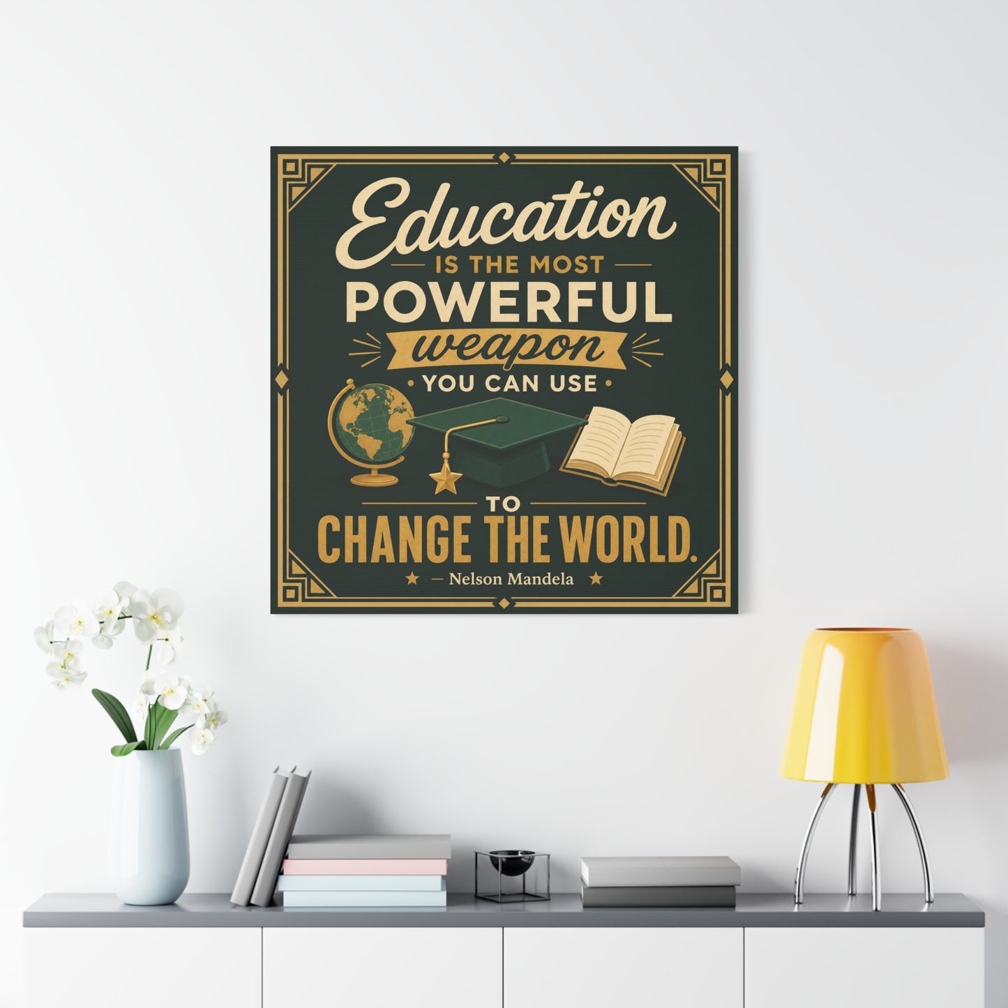 "Education Is The Most Powerful Weapon You Can Use To Change The World." Canvas Wall Art - Nelson Mandela Quote, Teacher Classroom Poster, Study Room Decoration - Office Wall Art - Ready to Hang