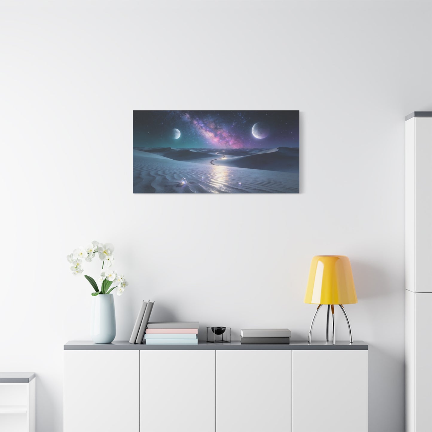 Celestial Desert Canvas Wall Art - Milky Way, Twin Moons, Luminous Dunes - Surreal Nightscape Cotton Print - Contemporary Style, Bedroom Home Decoration, Office Wall Decor - Bedroom Home Decoration