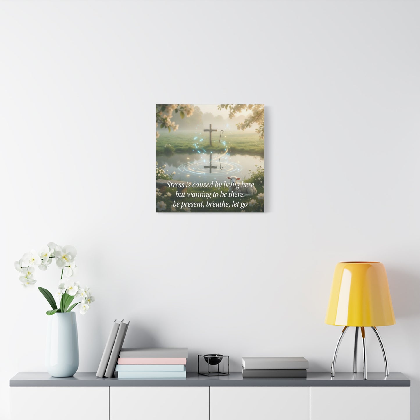 "Stress is caused by being here but wanting to be there, be present, breathe, let go" Cross Canvas Wall Art - Christian Inspirational Pond Scene - Traditional Style - Bedroom Wall Decor