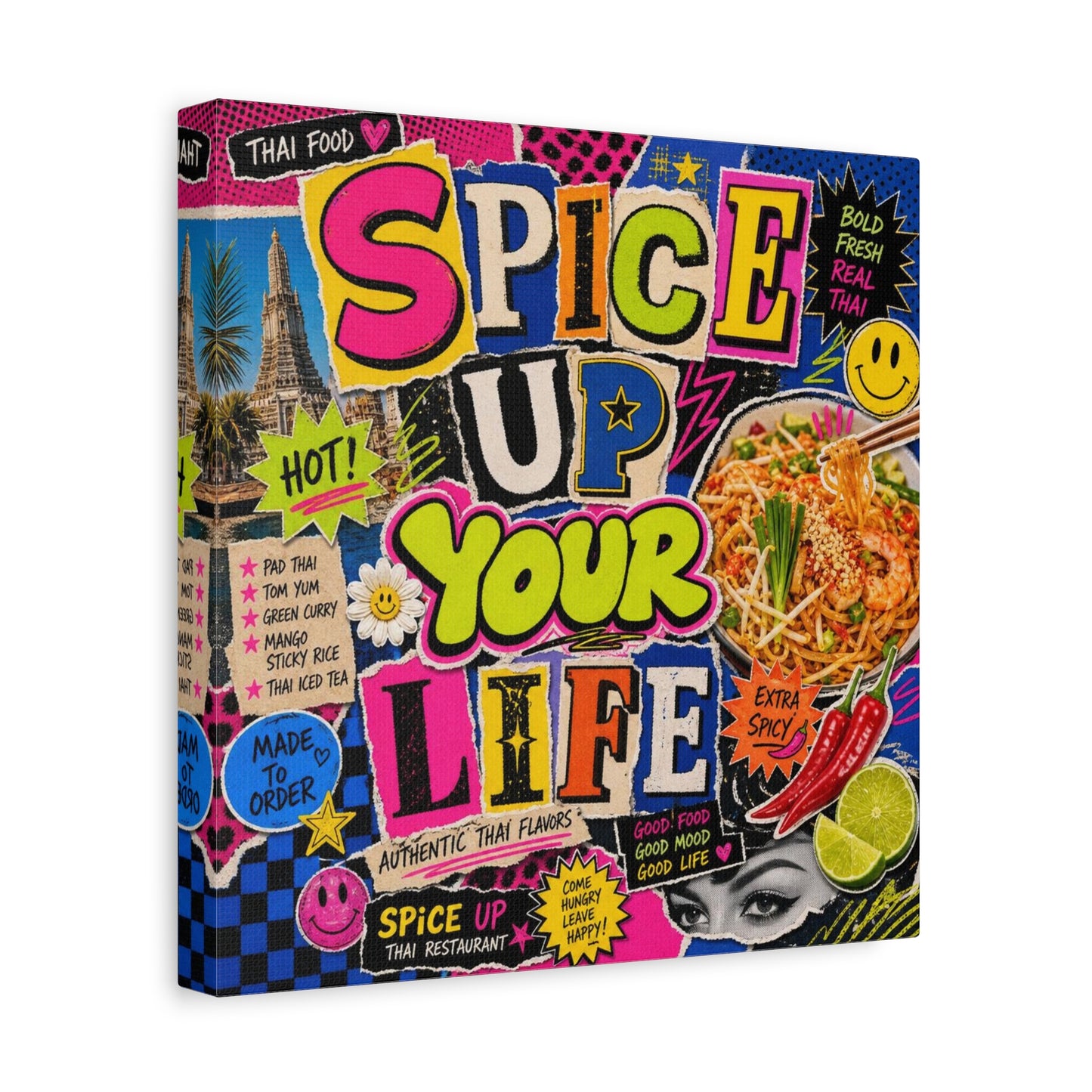 "Spice Up Your Life" Canvas Wall Art - Thai Food Pop Art Collage, Typography Print, Neon Color Street Poster Style, Cafe Decor, Dining Room Accent, Kitchen Wall Hanging, Contemporary - Ready to Hang