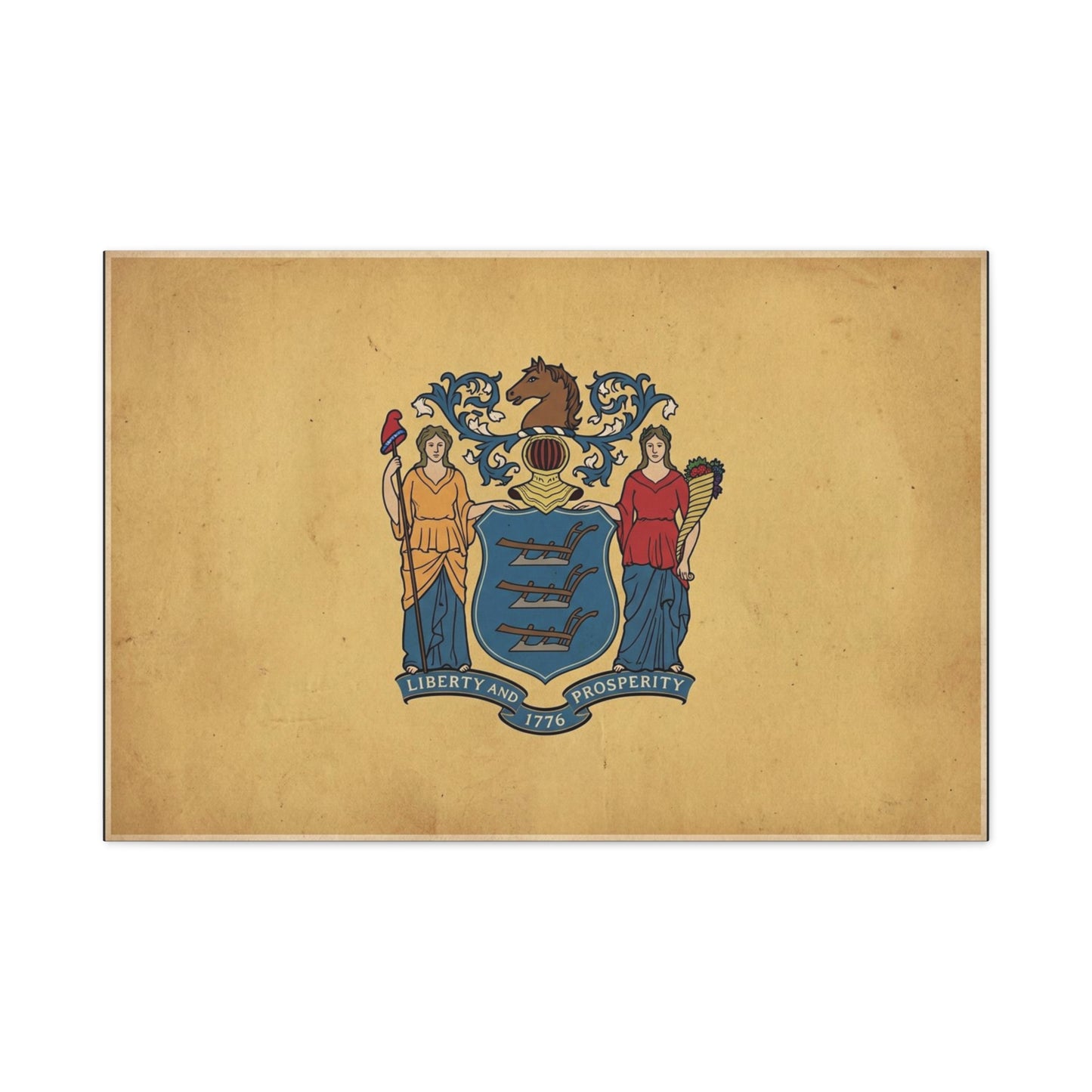"Liberty And Prosperity 1776" New Jersey State Flag Canvas Wall Art - Vintage Tan Crest Banner Print, Patriotic Heritage Decor - Office Wall Art