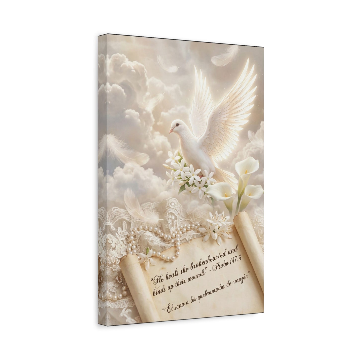 "He Heals The Brokenhearted And Binds Up Their Wounds" Dove Canvas Wall Art - Psalm 147:3 Scripture, White Lily Floral Design - Traditional Religious Decor For Bedroom - Office Wall Art