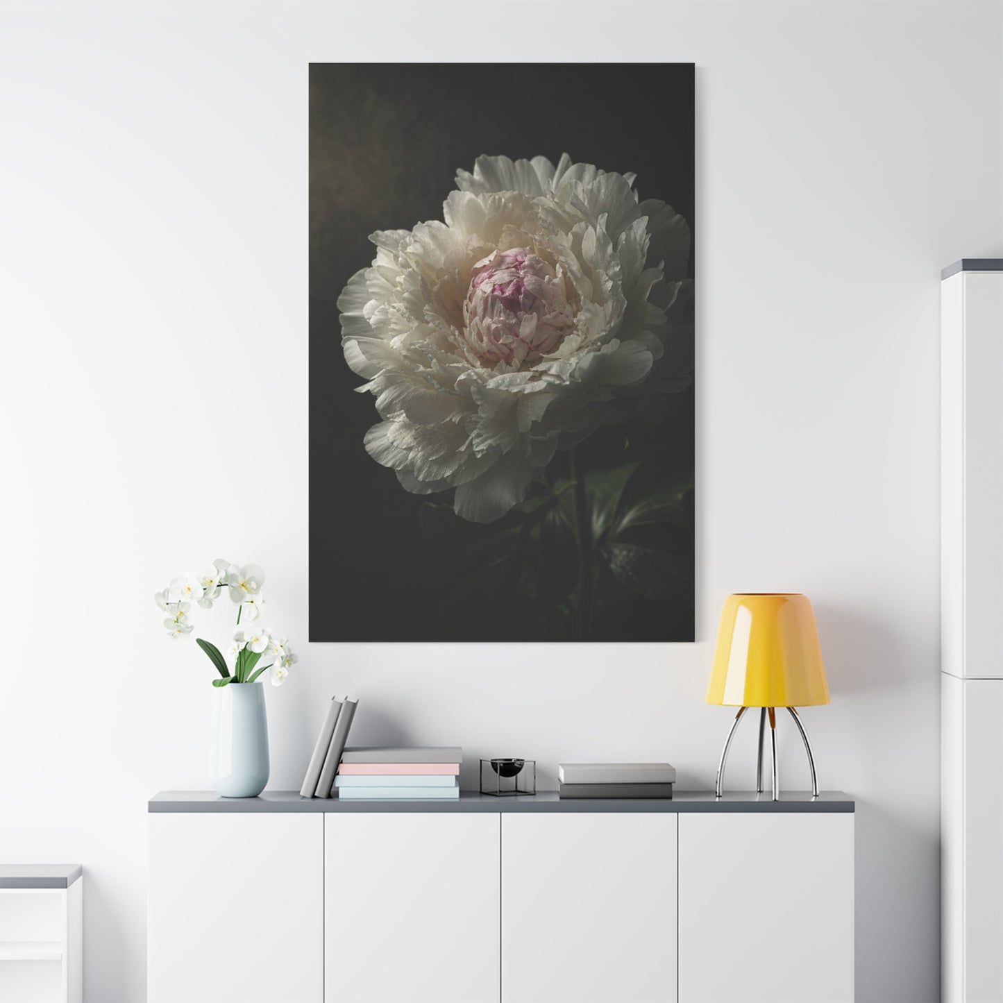 White Peony Canvas Wall Art - Moody Floral Art Print, Dark Botanical Canvas, Matte Finish - Vintage Style, Bedroom Wall Decor, Living Room Home Decoration Accent - Bedroom Home Decoration