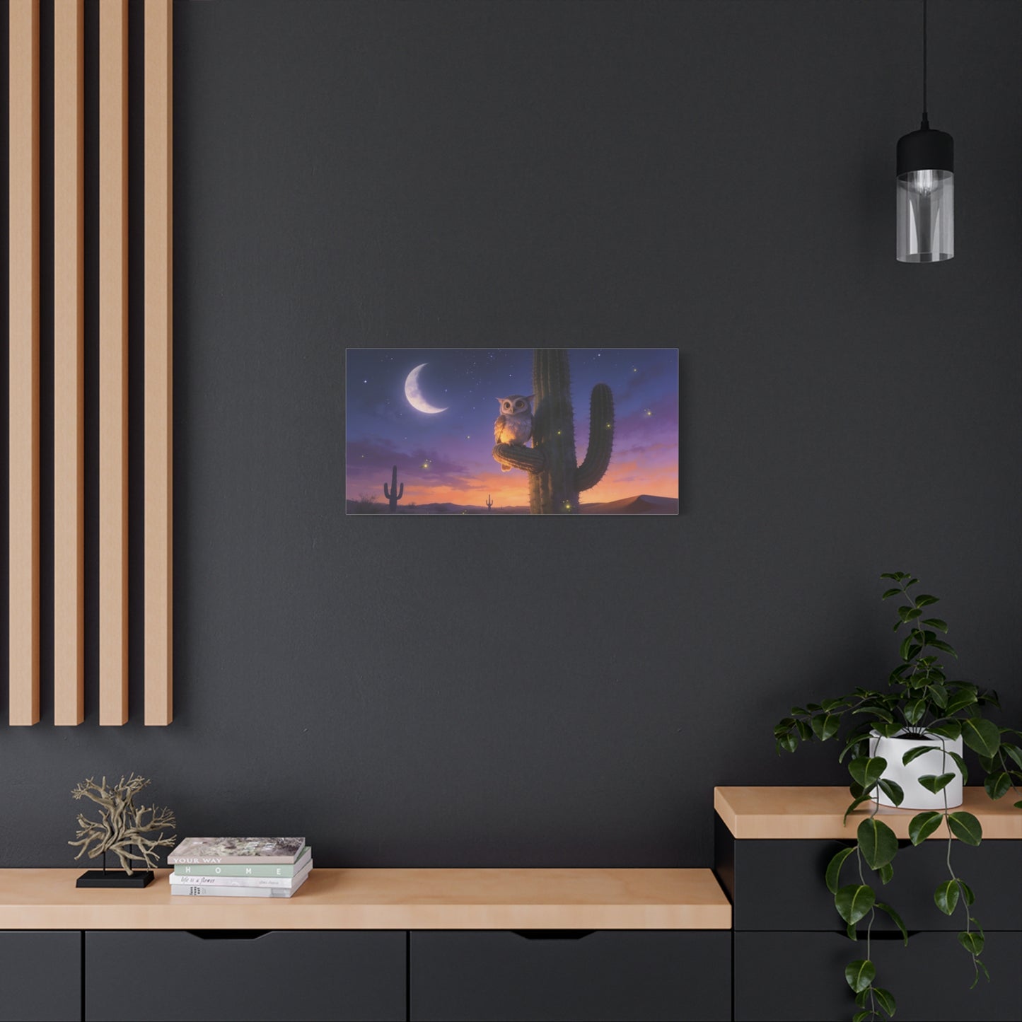 Owl On Saguaro Cactus Canvas Wall Art - Moonlit Desert Night Sky, Fireflies, Twilight Landscape - Matte Cotton Print - Contemporary Wildlife Style - Bedroom Living Room Decor - Living Room Wall Decor