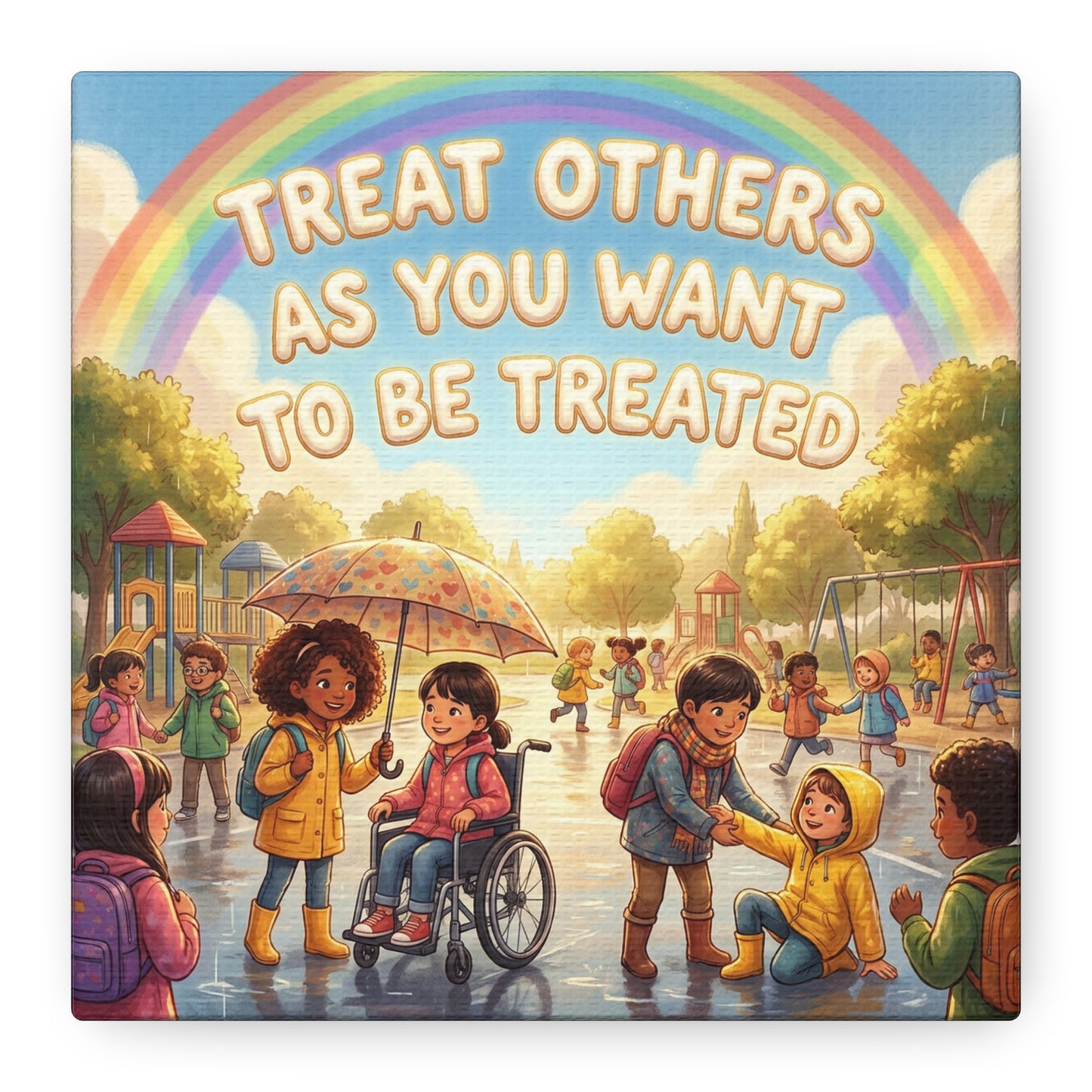 Kindness Quote Canvas Wall Art - Rainbow Playground Children Illustration Print - Inclusive Classroom Decor, Kids Room Wall Hanging, School Counselor Office Poster, Bohemian Nursery Accent