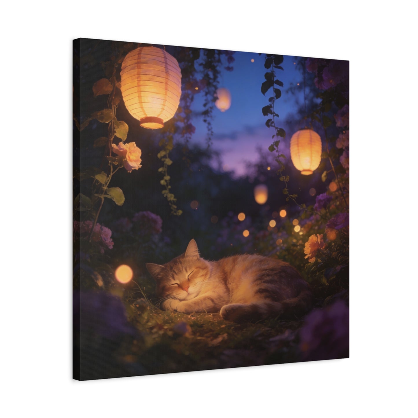 Sleeping Cat Canvas Wall Art - Lantern Lit Garden Night Scene, Dreamy Floral Canvas Print - Calming Cottagecore Style, Bedroom Wall Decor, Living Room Home Decoration - Bedroom Home Decoration