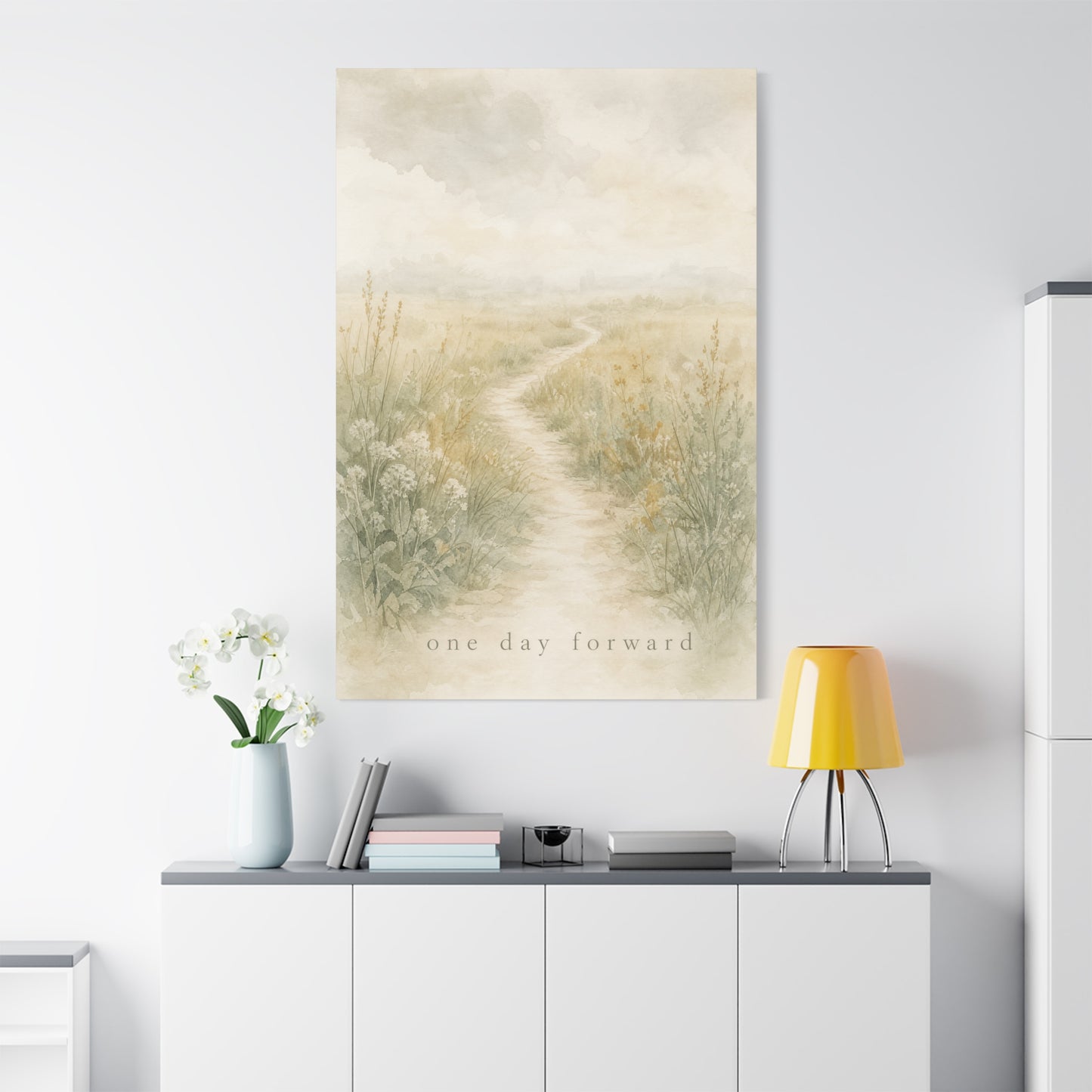 "One Day Forward" Inspirational Canvas Wall Art - Soft Meadow Path Watercolor Print, Neutral Sage Beige Botanical Landscape, Bedroom Wall Decor, Meditation Space Home Decoration - Ready to Hang