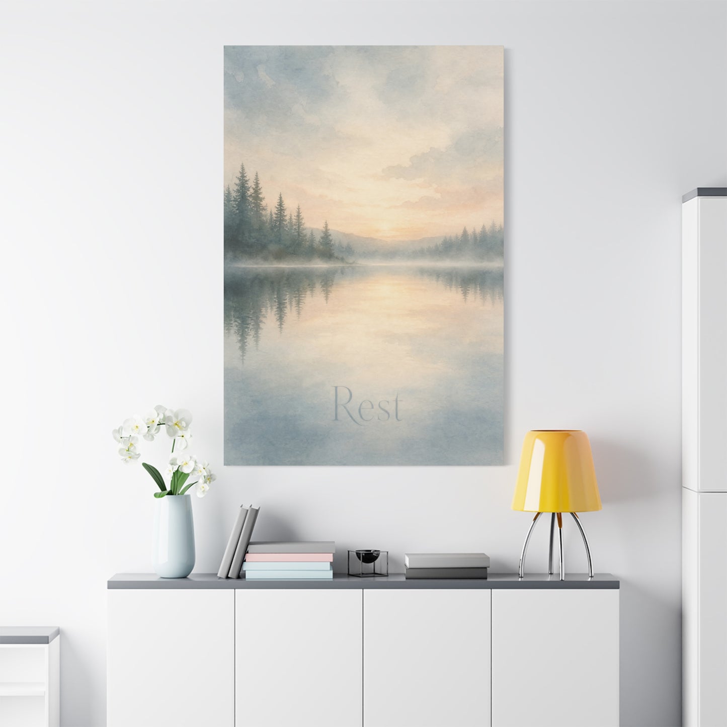 "Rest" Misty Lake Canvas Wall Art - Pine Forest Sunrise Reflection Print - Serene Landscape Home Decor, Bedroom Wall Hanging, Minimalist Nature Artwork, Meditation Space Accent - Ready to Hang