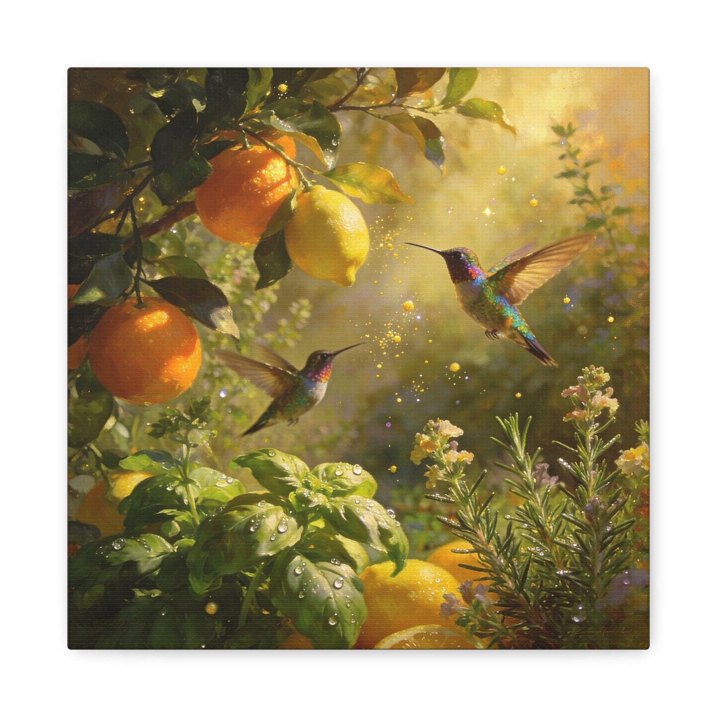 Hummingbird Citrus Canvas Wall Art - Lemon Orange Botanical Garden Print - Golden Light, Nature Home Decor, Living Room Wall Decor, Bedroom Home Decoration, Matte Finish Canvas - Cozy Reading Nook Art