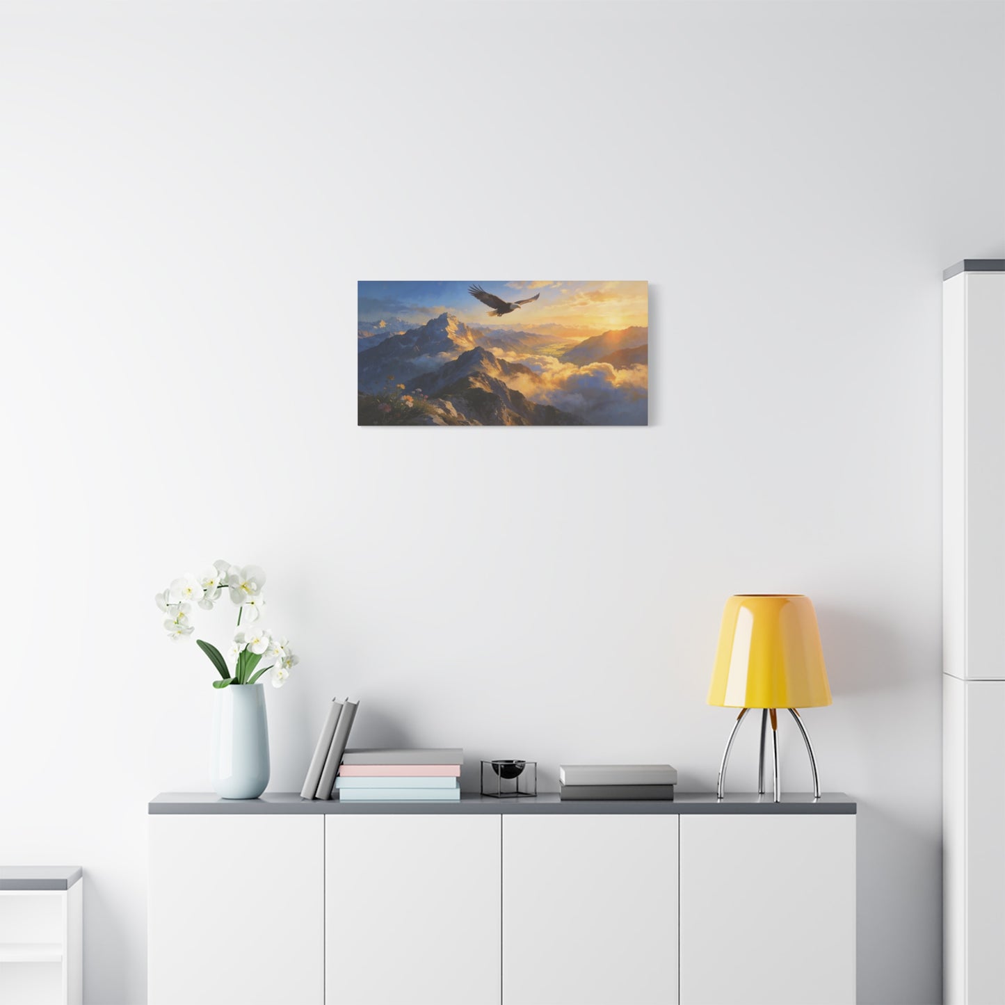 Bald Eagle Canvas Wall Art Mountain Sunrise Landscape - Golden Sky Alpine Peaks, Dramatic Wildlife Vista - Matte Finish Canvas Print - Living Room Wall Decor, Office Art Accent - Ready to Hang