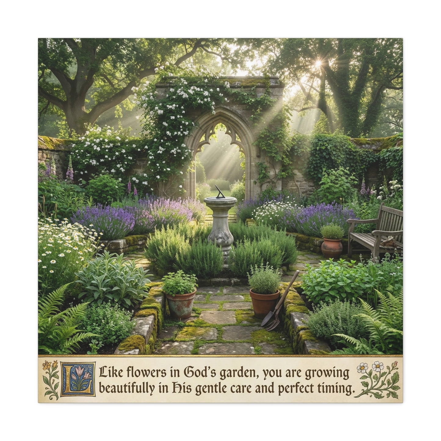 "Like Flowers In God's Garden, You Are Growing Beautifully In His Gentle Care And Divine Timing" Canvas Wall Art - Sunlit Garden Arch, Botanical Landscape Print - Living Room Decor - Office Wall Art