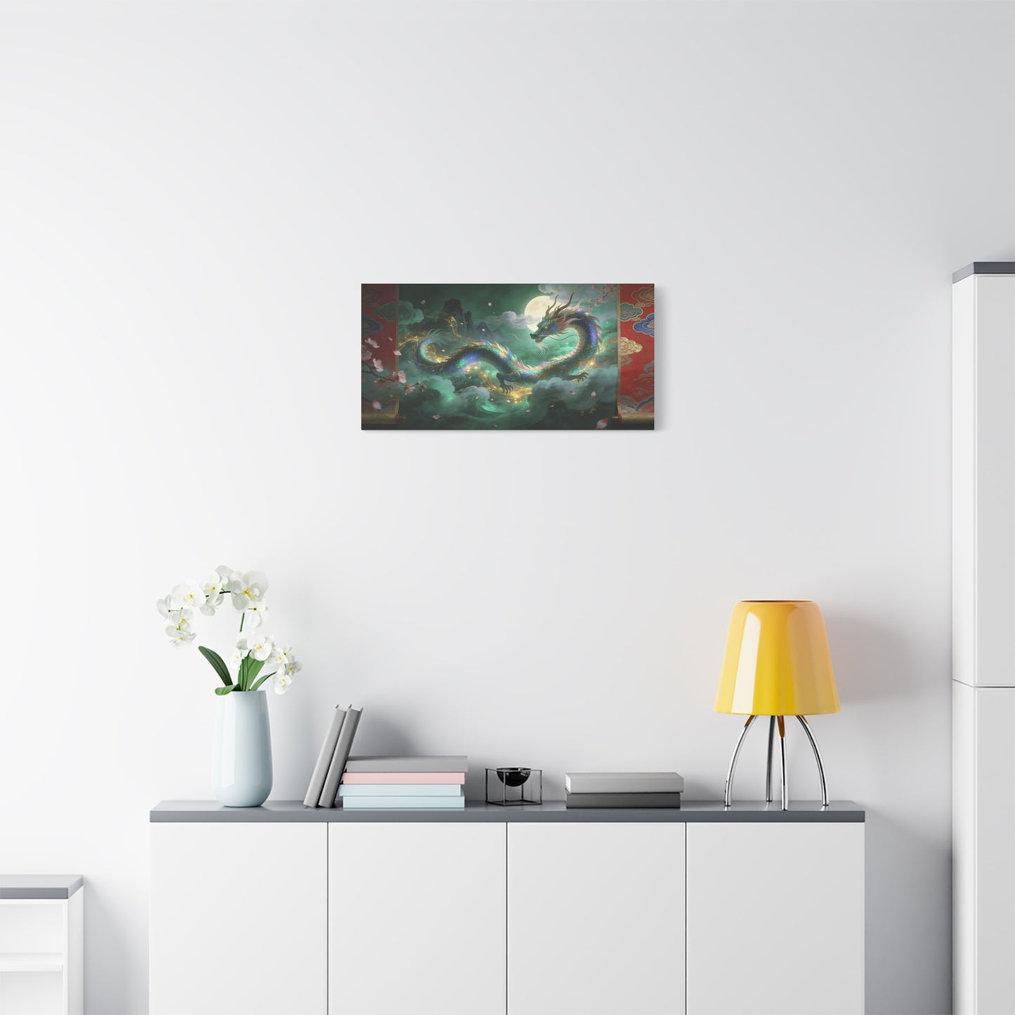 Moonlit Chinese Dragon Canvas Wall Art - Fantasy Cloudscape, Cherry Blossoms, Gold Accents - Luminous Asian Illustration - Living Room Wall Decor, Bedroom Home Decoration - Bedroom Home Decoration