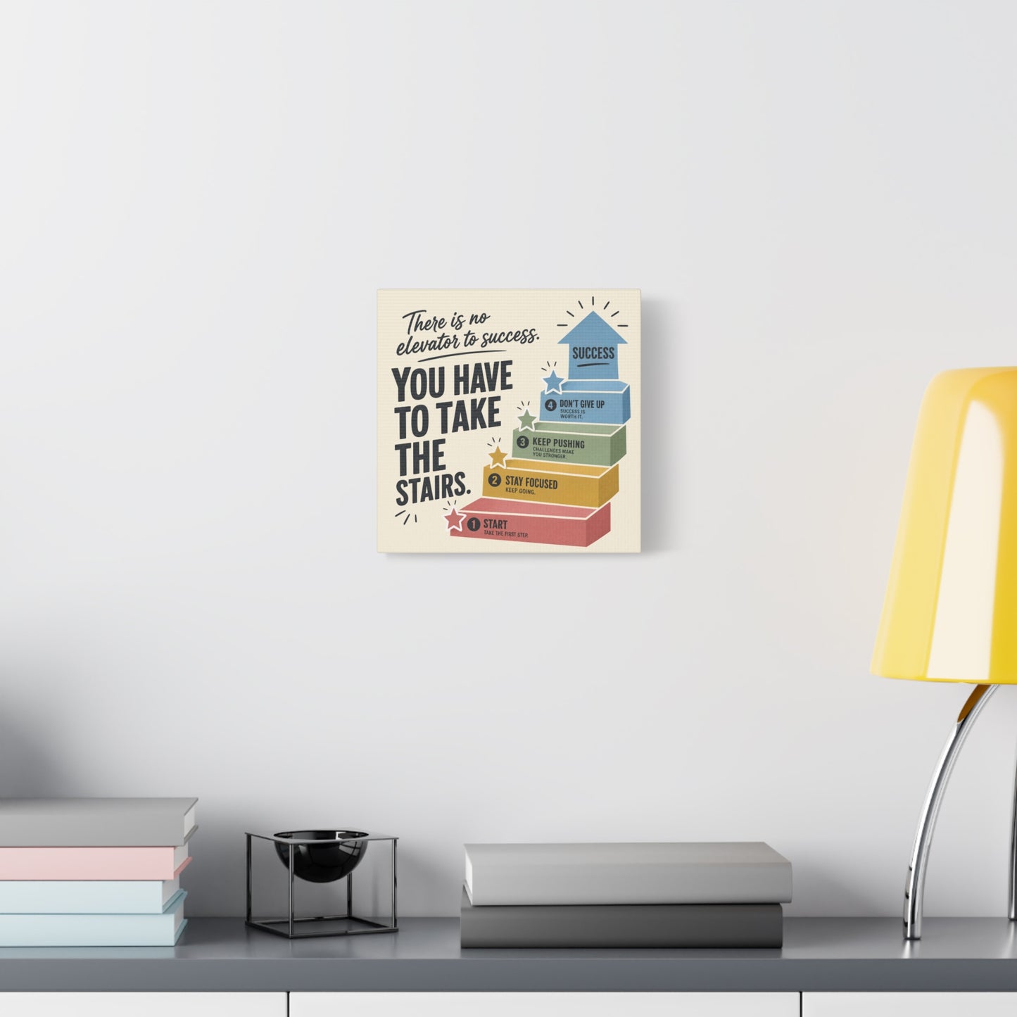 "There Is No Elevator To Success. You Have To Take The Stairs." Motivational Canvas Wall Art - Typography Quote Print, Office Decor, Classroom Poster, Modern Inspirational Home Decoration