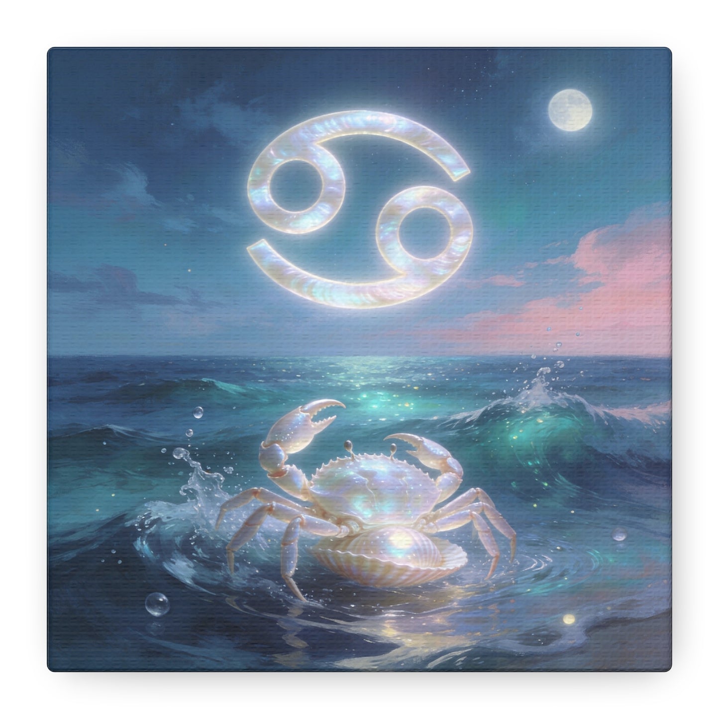 Cancer Zodiac Canvas Wall Art - Moonlit Ocean Crab, Iridescent Shell Symbol - Coastal Celestial Print, Dreamy Blue Seascape - Bedroom Home Decoration, Living Room Wall Decor - Bedroom Home Decoration