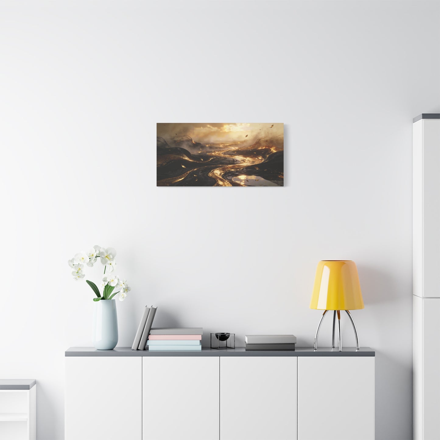 Abstract Gold River Canvas Wall Art - Luminous Flowing Landscape, capiz shells wall decor - Matte Cotton Print, Contemporary Style - Living Room Wall Decor, Bedroom Home Decoration - Ready to Hang