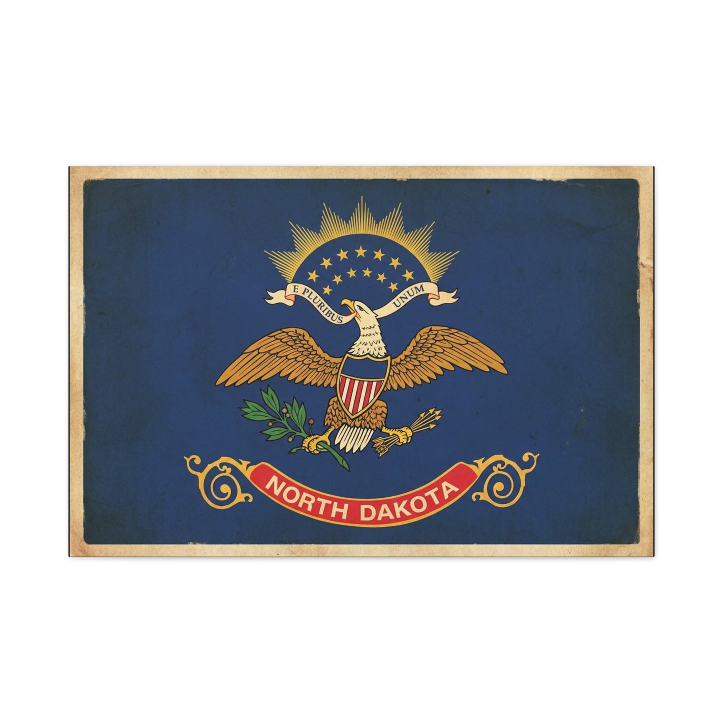 North Dakota Flag Canvas Wall Art - E Pluribus Unum Vintage State Banner Print - Patriotic Blue Eagle Emblem Decor - Rustic Americana Style - Ready to Hang - Living Room Wall Decor - Ready to Hang